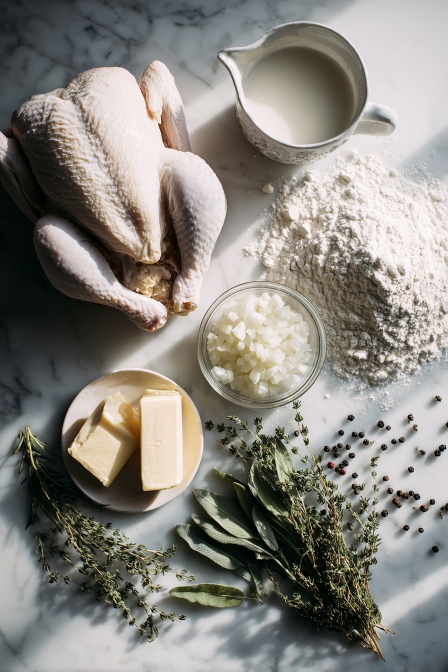 Flat lay of a whole raw chicken, diced white onion, a mound of all-purpose flour, a small pile of baking powder, a pat of unsalted butter, a measuring cup filled with warm whole milk, sprigs of fresh thyme and sage, and scattered whole black peppercorns, all beautifully arranged with soft natural light and delicate shadows, placed on a white marble surface, photo taken with an iphone --ar 2:3 --v 7 - Easy Homemade Chicken and Dumplings, homemade chicken and dumplings, 6-ingredient chicken soup, hearty comfort food recipe, simple chicken and dumplings