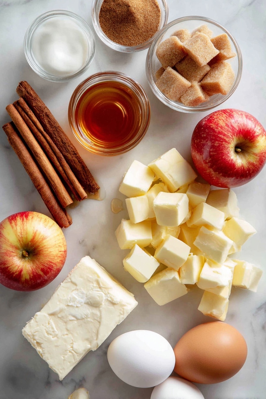 Flat lay of golden brown cinnamon sticks, light and dark brown sugar crystals, fresh chopped Honeycrisp apple pieces with red and yellow skin, smooth cubes of salted butter, creamy off-white cream cheese block, a small transparent jar of rich amber maple syrup, and whole fresh eggs, all beautifully arranged on a white marble surface, photo taken with an iphone --ar 2:3 --v 7 - Apple Cinnamon Rolls with Brown Butter Maple Icing, apple cinnamon rolls, brown butter maple frosting, apple cinnamon roll recipe, easy cinnamon roll with apple