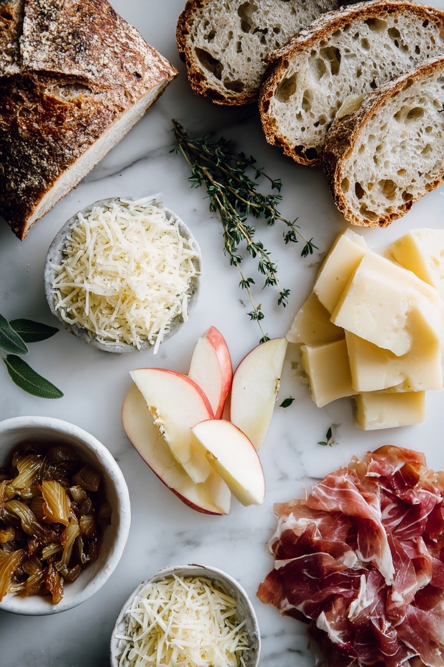 Flat lay of thinly sliced yellow onions caramelized to a golden brown, fresh thyme leaves scattered delicately, vibrant chopped sage, crisp slices of prosciutto with a slight sheen, thin apple slices from a bright honeycrisp apple, shredded fontina cheese with soft curls, shredded gouda cheese in small piles, and a few crushed red pepper flakes sprinkled lightly, all beautifully arranged on a white marble surface, photo taken with an iphone --ar 2:3 --v 7 - French Onion and Apple Grilled Cheese, caramelized onion grilled cheese, apple and cheese sandwich, gourmet grilled cheese recipes, sweet and savory grilled cheese