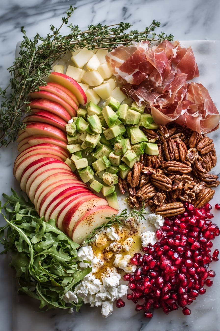 Flat lay of thinly sliced honeycrisp apples with their red and yellow hues, bright green diced avocado cubes, deep red pomegranate arils scattered like jewels, crumbled white feta cheese, toasted pecans and pumpkin seeds dusted with cinnamon, delicate crispy prosciutto slices, fresh green arugula leaves, vibrant thyme sprigs, and a small drizzle of golden maple syrup, all beautifully arranged with natural light and soft shadows, placed on a white marble surface, photo taken with an iphone --ar 2:3 --v 7 - Autumn Harvest Honeycrisp Apple and Feta Salad, fall apple salad, honeycrisp apple salad, autumn fruit salad, easy fall salad recipes