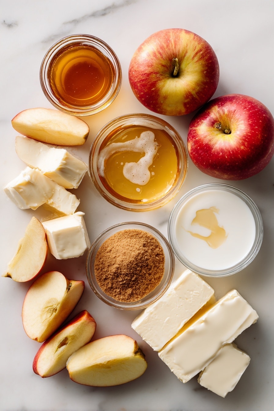 Flat lay of chopped Honeycrisp apples with their red and yellow skin intact, a small jar of smooth apple butter, creamy white cream cheese blocks, golden melted coconut oil pooling gently, a mound of light brown cinnamon sugar mixture, a drizzle of rich honey, a pat of soft salted butter, and a splash of milky white yogurt arranged beautifully and naturally placed on a white marble surface, photo taken with an iphone --ar 2:3 --v 7 - Cinnamon Sugar Swirled Apple Butter Bread, Apple Butter Bread, Cinnamon Apple Bread, Fall Apple Bread Recipe, Easy Apple Bread