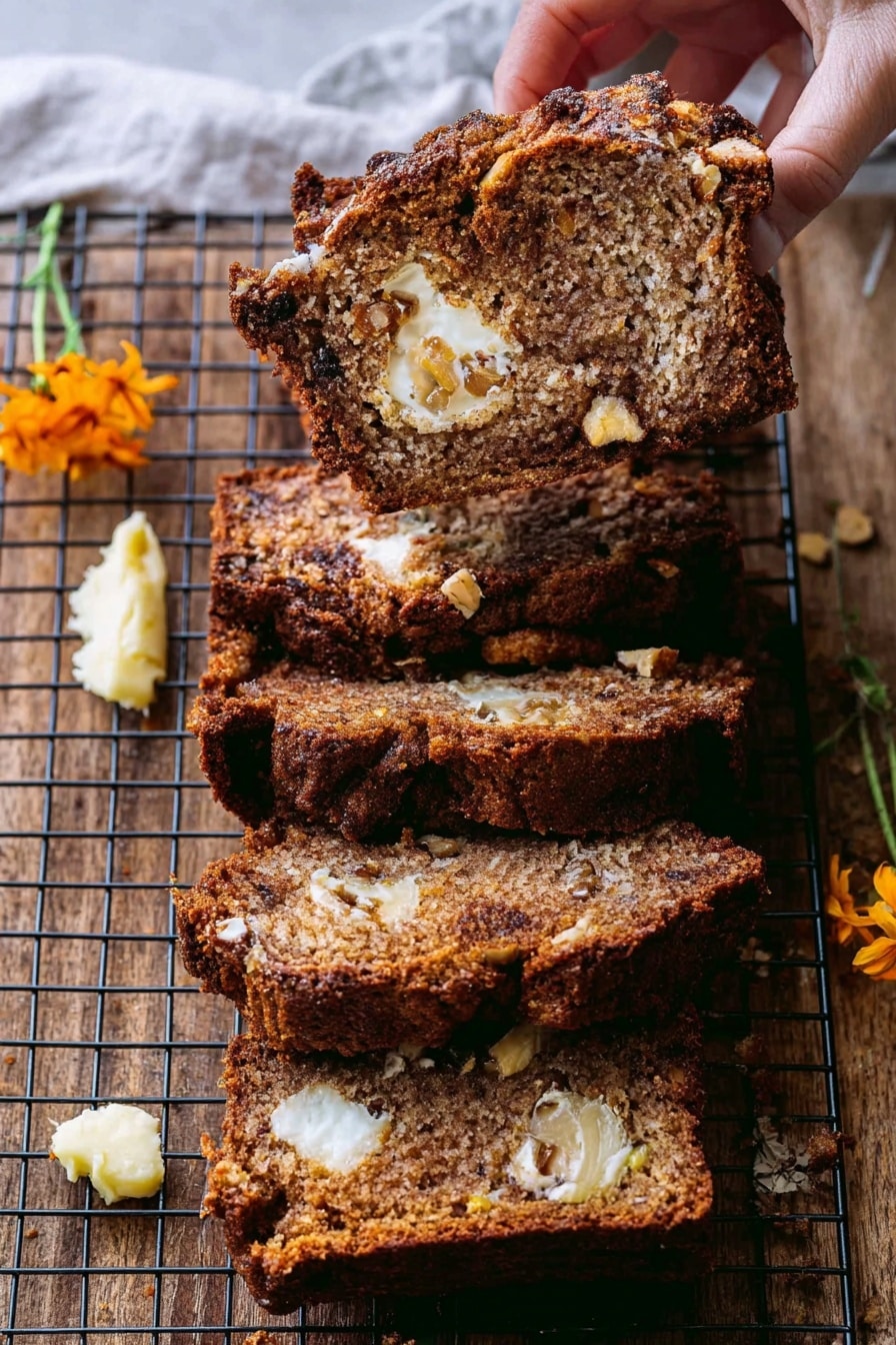 The image shows several thick slices of dark brown bread with a moist texture, placed on a wire cooling rack over a wooden surface. Inside each slice, there are visible light cream-colored layers that look soft and spread unevenly, with chunks of white and light yellow fruits or nuts embedded throughout. One piece is held by a woman's hand, showing its crumbly texture. Small orange flowers and a dollop of light yellow butter are scattered nearby. The background is a white marbled texture. Photo taken with an iphone --ar 2:3 --v 7 - Cinnamon Sugar Swirled Apple Butter Bread, Apple Butter Bread, Cinnamon Apple Bread, Fall Apple Bread Recipe, Easy Apple Bread