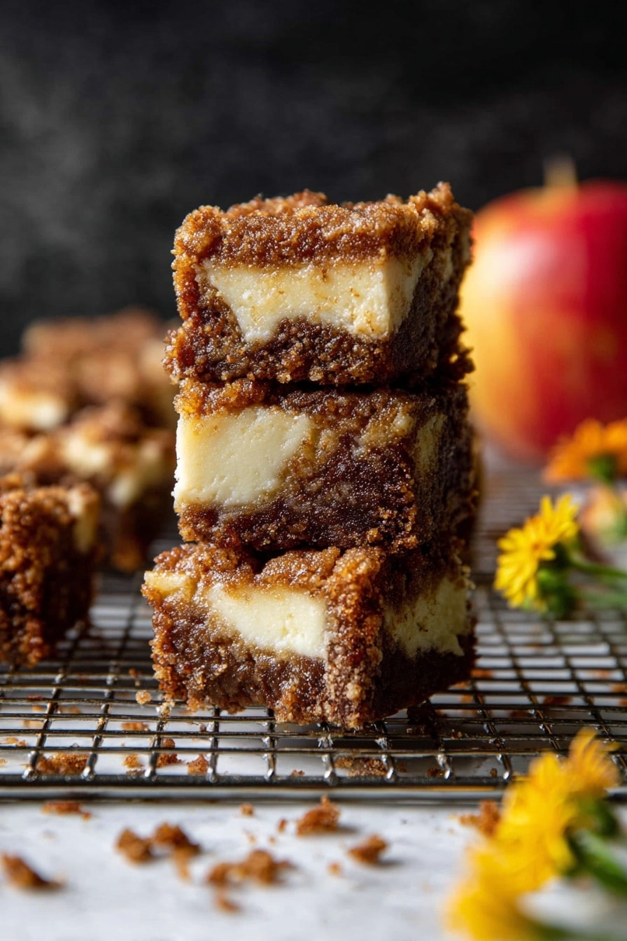 The image shows a stack of three square dessert bars on a metal cooling rack placed over a white marbled surface. Each bar has two visible layers: a thicker, moist, brown crumbly layer on top and a creamy white layer beneath it. The bars look soft and textured, with some crumbs scattered around them. In the background, there is a red and yellow apple and a few small yellow flowers adding color to the scene. The photo has a dark blurred background that highlights the dessert bars. Photo taken with an iphone --ar 2:3 --v 7 - Cinnamon Sugar Swirled Apple Butter Bread, Apple Butter Bread, Cinnamon Apple Bread, Fall Apple Bread Recipe, Easy Apple Bread