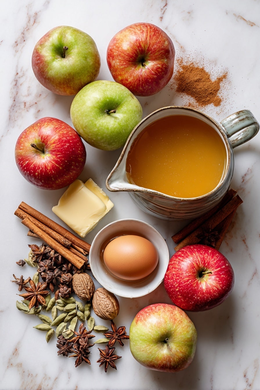 Flat lay of fresh whole apples with shiny red and green skins, a small pitcher of golden maple syrup, a dish of smooth apple butter, a scattering of warm brown cinnamon sticks, star anise pods, fresh grated nutmeg, whole cardamom pods, and a few cracked eggs, all beautifully arranged with a stick of melted butter pooling gently beside them, placed on a white marble surface, photo taken with an iphone --ar 2:3 --v 7 - Baked Cinnamon Sugar Apple Cider Doughnut Holes, apple cider doughnut holes, baked fall donut bites, cinnamon sugar donut holes, cozy fall treats