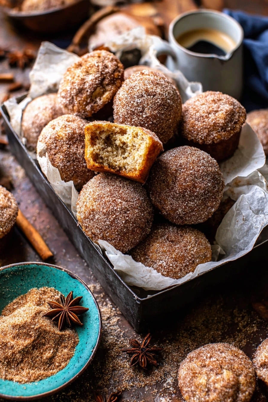 The image shows a pile of small, round muffins covered in a light brown cinnamon sugar coating, stacked inside a dark muffin tray lined with white parchment paper. One muffin is split open, revealing a soft, crumbly inside with a golden brown color. Around the muffin tray, there are more muffins placed on a wooden surface with scattered cinnamon sugar. A blue-green bowl filled with cinnamon sugar and star anise is visible on the side, along with a white cup of coffee topped with a brown star anise. The overall scene has warm, cozy colors and a textured look. photo taken with an iphone --ar 2:3 --v 7 - Baked Cinnamon Sugar Apple Cider Doughnut Holes, apple cider doughnut holes, baked fall donut bites, cinnamon sugar donut holes, cozy fall treats