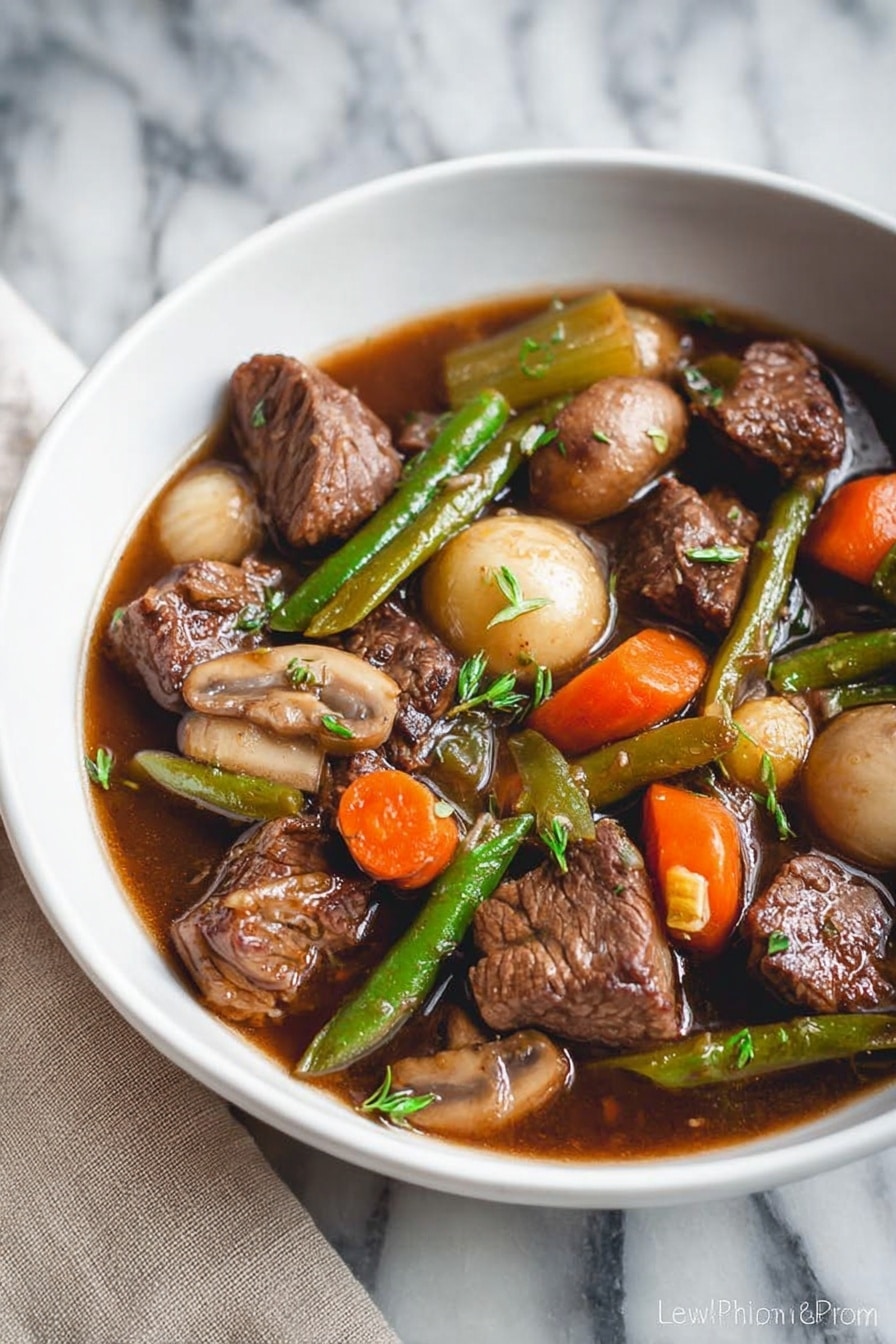 A white bowl filled with a rich beef stew showing several layers: the bottom layer is a dark brown broth with a glossy texture, floating on top are chunks of tender brown beef pieces with a slightly rough surface, whole small light brown pearl onions, orange carrot slices, green celery sticks, sliced beige mushrooms with a soft texture, and green beans. Some small green herb sprigs are sprinkled on top. The bowl sits on a white marbled surface with a beige cloth partially visible on the left side. photo taken with an iphone --ar 2:3 --v 7 - Keto Beef Stew, low-carb beef stew, keto-friendly stew, hearty keto dinner, easy keto beef stew