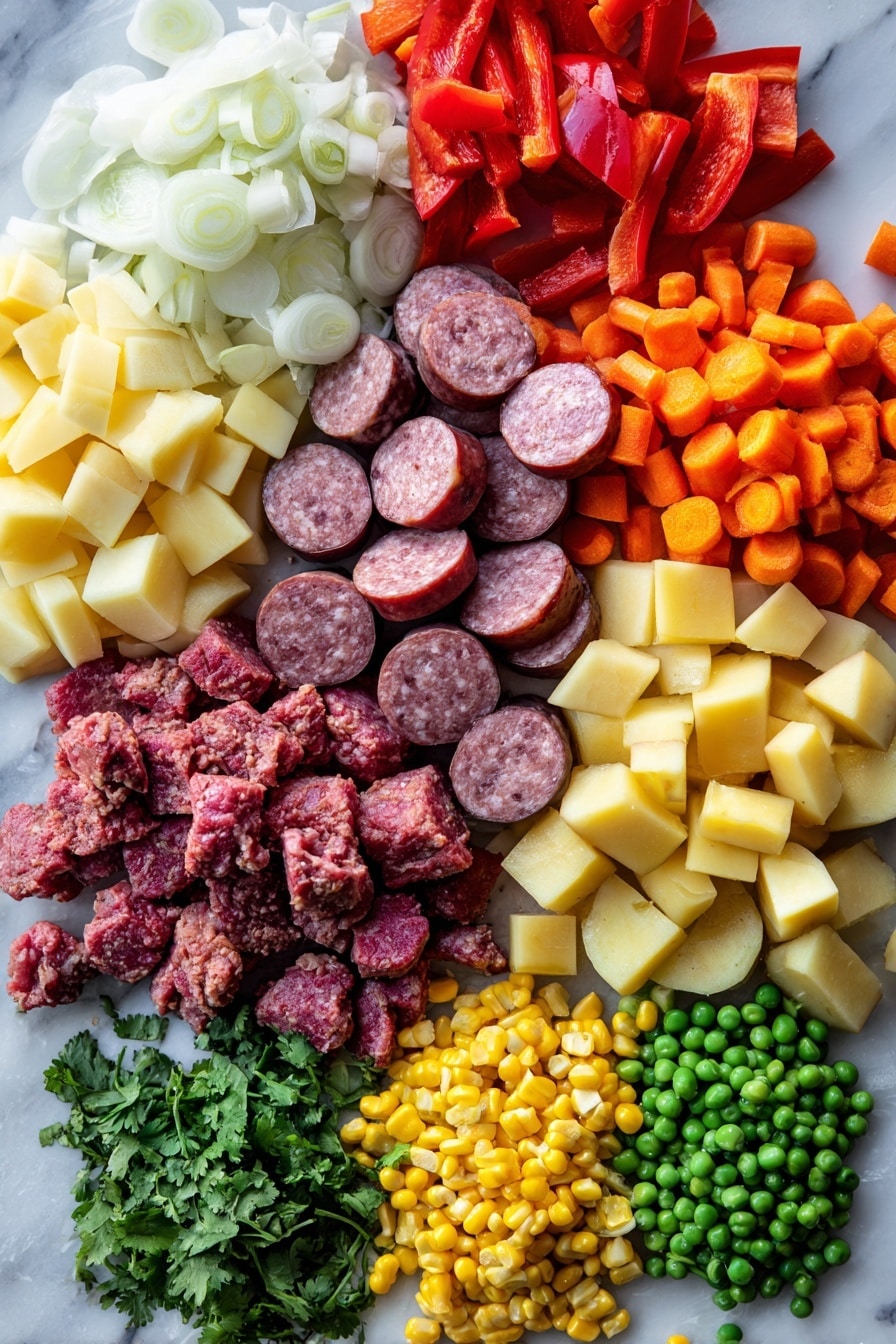 Flat lay of sliced kielbasa, raw ground beef, diced yellow onion, chopped carrots, vibrant red bell pepper pieces, minced garlic cloves, cubed butter potatoes, colorful frozen peas and corn mix, and fresh chopped cilantro, arranged neatly with vivid natural colors and textures, placed on a white marble surface, photo taken with an iphone --ar 2:3 --v 7 - Cowboy Stew, Cowboy Stew recipe, hearty stew, one-pot stew, comfort food recipes