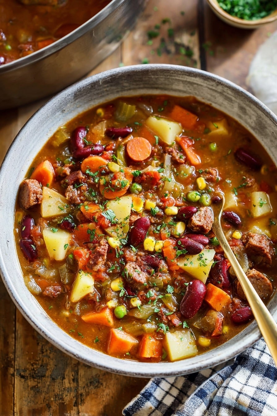 The image shows a bowl of thick soup filled with many colorful ingredients. The soup has a brownish-red broth with visible layers of orange carrot cubes, green peas, yellow corn kernels, dark red kidney beans, light yellow potato pieces, and slices of brown sausage. Bits of browned meat are mixed throughout, and chopped green herbs are sprinkled on top. The bowl is white with a grayish finish, placed on a wooden table with a checkered cloth nearby and a brass spoon resting inside the bowl. Photo taken with an iphone --ar 2:3 --v 7 - Cowboy Stew, Cowboy Stew recipe, hearty stew, one-pot stew, comfort food recipes