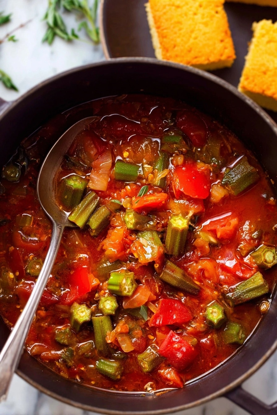 A close-up view of a black pot filled with a vibrant stew featuring bright red tomato chunks, green okra pieces with their unique ridged texture and visible seeds, and small bits of caramelized onion and garlic, all simmering in a rich, reddish broth; a silver spoon rests inside the pot, partially submerged in the stew, while the background shows two square pieces of golden cornbread on a dark plate, all placed on a white marbled surface with hints of green herbs scattered around. photo taken with an iphone --ar 2:3 --v 7 - Stewed Okra and Tomatoes with Bacon and Thyme, Okra and Tomato Side Dish, Southern Okra Tomatoes Bacon, Easy Okra and Tomato Recipe, Comfort Food with Bacon