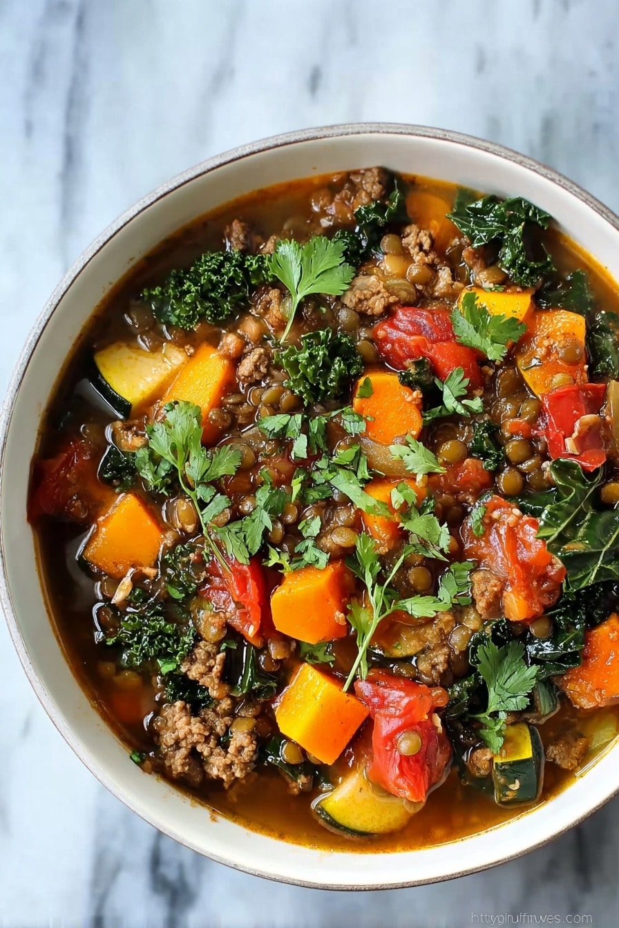 A white bowl filled with a colorful stew consisting of multiple layers: orange carrot chunks, yellow squash pieces, bright red diced tomatoes, dark green leafy kale, and small brown lentils mixed with ground meat. The stew has a thin brown broth that fills the space between the ingredients, and fresh cilantro leaves are scattered on top, adding a fresh green touch. The bowl sits on a white marbled surface. photo taken with an iphone --ar 2:3 --v 7 - Lamb, Lentil, and Butternut Squash Stew with Spiced Herbs, hearty lamb stew, nourishing lentil and squash recipe, comforting winter stew, spiced herb lamb dish