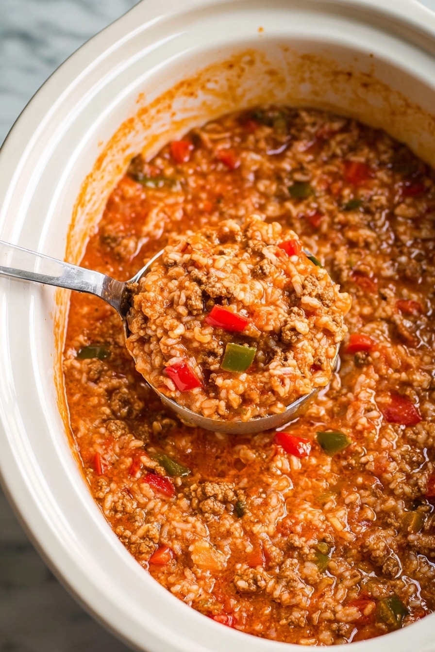A white bowl filled with thick soup showing three main layers: the top layer has brown, crumbled cooked meat chunks, the middle layer contains soft rice grains mixed in a red tomato-based broth with visible small pieces of green and red bell peppers, and the bottom layer is the same dense, orange-red liquid base. The soup looks hearty and textured, with a spoon partially visible inside the bowl. The background has a white marbled texture, and a modern kitchen appliance is partially seen behind the bowl. photo taken with an iphone --ar 2:3 --v 7 - Slow Cooker Stuffed Pepper Soup, stuffed pepper soup, hearty stuffed pepper recipe, easy slow cooker soup, family-friendly dinner recipes