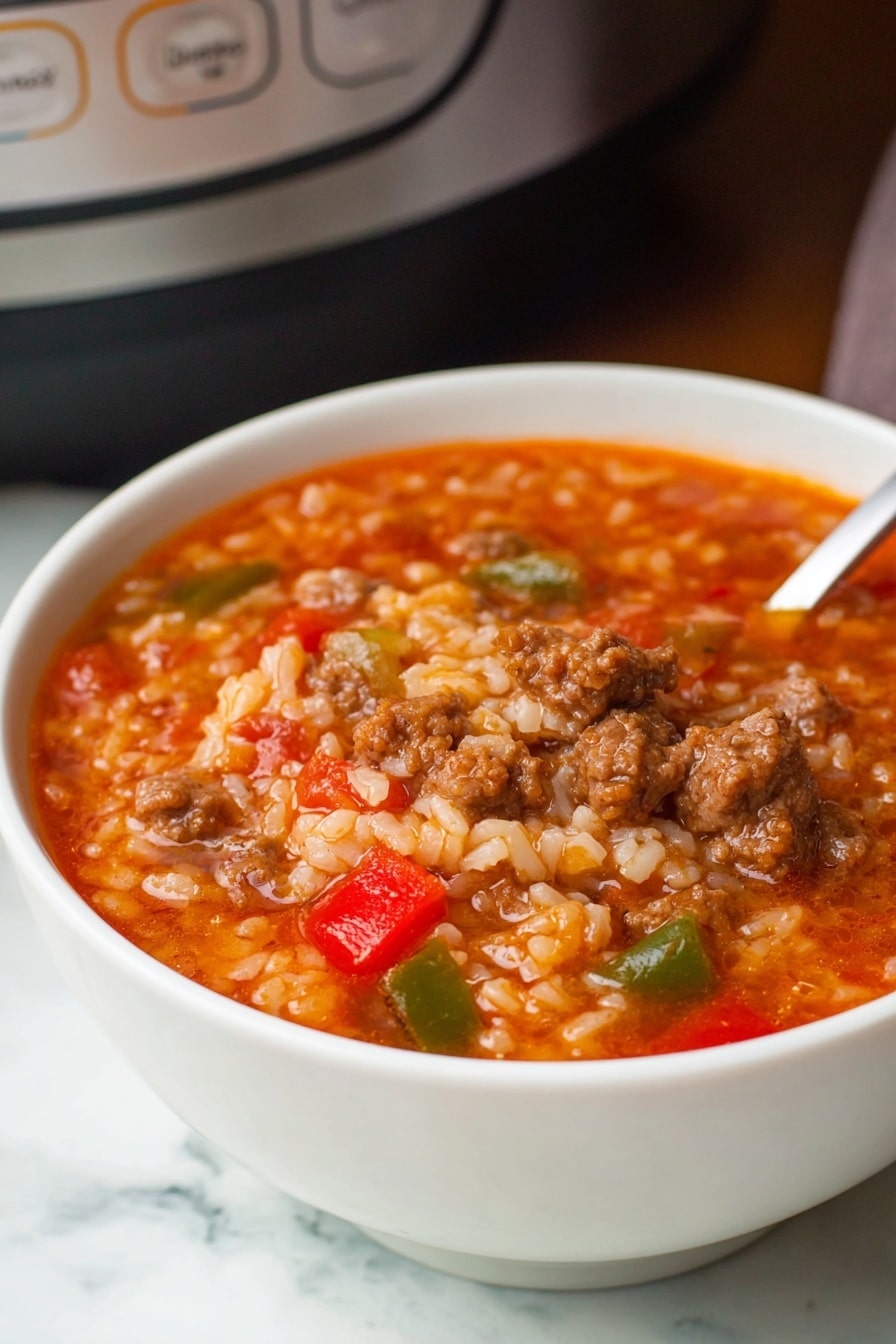A close-up of a white slow cooker filled with a thick, textured mix of cooked rice, ground meat, and diced red and green bell peppers in a rich, orange-red sauce. The inside rim of the slow cooker shows some sauce splashes, and a metal ladle is partially submerged, lifting a scoop of the dish that highlights the soft grains of rice and the chunky bits of meat and vegetables. The slow cooker sits on a white marbled surface. photo taken with an iphone --ar 2:3 --v 7 - Slow Cooker Stuffed Pepper Soup, stuffed pepper soup, hearty stuffed pepper recipe, easy slow cooker soup, family-friendly dinner recipes