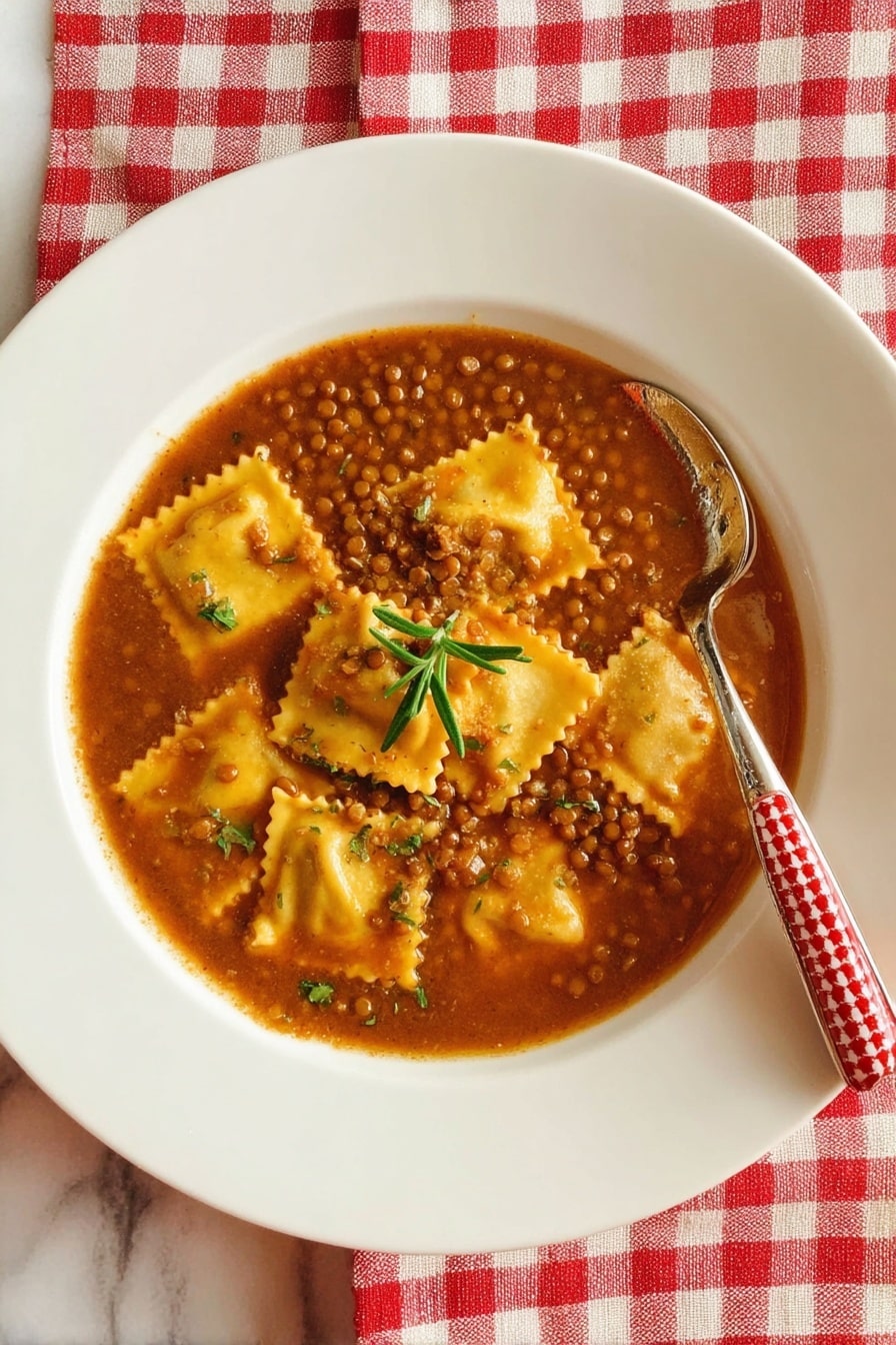 A shallow white plate sits on a red and white checkered cloth over a white marbled surface, filled with a brown lentil soup base. The soup contains square yellow ravioli pieces with ruffled edges layered throughout, and a small green sprig of rosemary rests on top in the middle. A silver spoon with a red and white patterned handle is placed inside the soup on the right side of the plate. Photo taken with an iphone --ar 2:3 --v 7 - Umbrian Lentil Soup with Pasta, Italian lentil soup recipe, hearty Italian soup, rustic Umbrian cuisine, easy lentil soup with pasta