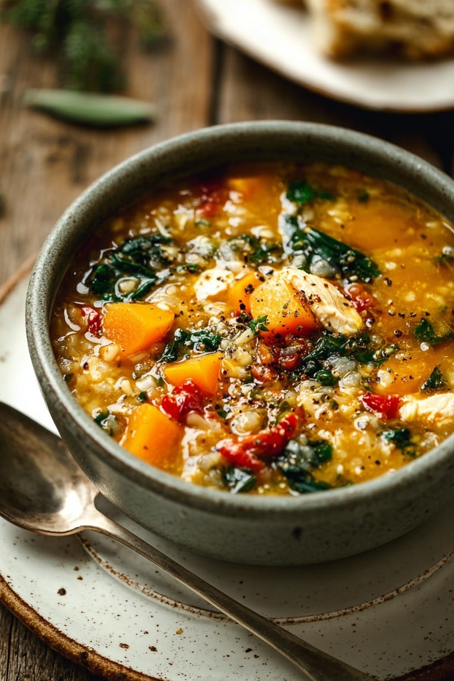 A gray bowl filled with a thick soup showing several layers of textures and colors: bright orange chunks of vegetables, white small grains, leafy dark green pieces, and scattered red roasted vegetable chunks, all mixed in a golden orange broth with specks of black pepper and herbs on top. The bowl sits on a white plate with some seasoning marks on it, and a large silver spoon rests next to the bowl against a rustic wooden surface. A blurred white plate with torn bread is visible in the background along with a small green sprig. photo taken with an iphone --ar 2:3 --v 7 - Fall Chicken Stew with Quinoa and Butternut Squash, hearty fall chicken stew, healthy chicken and quinoa dinner, cozy autumn chicken stew, nutritious butternut squash stew