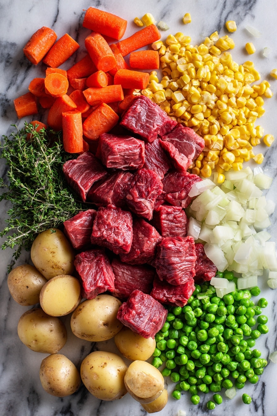 Flat lay of raw chuck roast cubes with a rich deep red color, bright orange carrot pieces, small quartered new potatoes with light brown skin, crisp celery ribs cut into chunks, a heap of diced white onions, vibrant frozen green peas and yellow corn kernels scattered beside sprigs of dried parsley and glossy crushed tomatoes, all beautifully arranged in an inviting composition, placed on a white marble surface, photo taken with an iphone --ar 2:3 --v 7 - Pressure Cooker Beef Stew, Instant Pot Beef Stew, Quick Beef Stew Recipe, Easy Beef Stew, Hearty Beef Stew