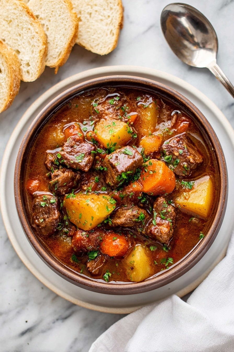 A brown bowl filled with thick beef stew sits in the center of a white plate on a white marbled surface. The stew has large chunks of dark brown beef, orange carrot pieces, light yellow potatoes, and small bits of red tomatoes all mixed in a rich brown gravy. Green chopped herbs are sprinkled on top for color and freshness. To the left, there are pieces of sliced white bread and to the right, a silver spoon rests on a white cloth napkin. Photo taken with an iphone --ar 2:3 --v 7 - Slow Cooker Venison Stew, hearty venison stew, easy venison recipes, comfort food dishes, thick venison stew