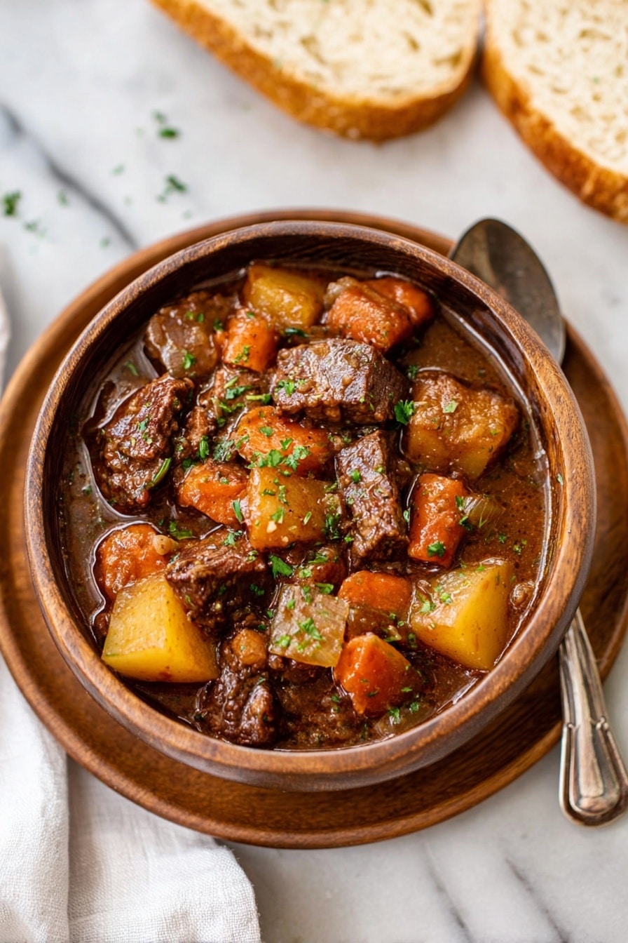A brown wooden bowl filled with thick beef stew sits on a white plate on a white marbled surface. The stew has large chunks of dark brown beef, orange carrots, light yellow potatoes, and small pieces of onion all in a rich brown sauce. The dish is topped with finely chopped green herbs. To the side, there is a spoon and a white cloth napkin, along with two slices of white bread partially visible. Photo taken with an iphone --ar 2:3 --v 7 - Slow Cooker Venison Stew, hearty venison stew, easy venison recipes, comfort food dishes, thick venison stew