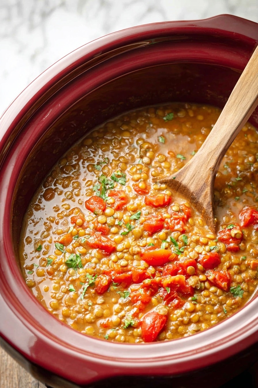 A close-up view of a red slow cooker filled with thick lentil soup, showing two main layers: the bottom layer is a creamy, light brown broth mixed with soft green lentils, and the top layer has vibrant pieces of red tomatoes and small green parsley leaves scattered across the surface. A wooden spoon is placed inside the slow cooker resting against the edge. The background has a white marbled texture photo taken with an iphone --ar 2:3 --v 7 - Slow Cooker Lentil Soup, hearty lentil soups, easy lentil recipes, healthy slow cooker meals, comforting vegetarian soups