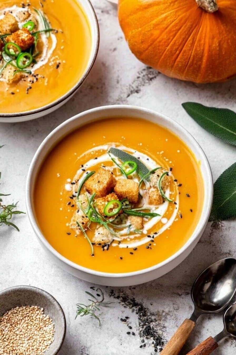 A white bowl filled with smooth orange pumpkin soup is at the center, topped with a swirl of white cream, small green chili slices, fresh green herbs, black pepper, and small golden croutons. Another similar bowl of soup is partly visible in the top left corner. To the right of the main bowl, there is a large whole pumpkin and green leaves on a white marbled surface. A spoon with a wooden handle lies nearby on the same surface, which also contains a small dish of sesame seeds at the bottom left. Photo taken with an iphone --ar 2:3 --v 7 - Creamy Pumpkin Curry Soup, pumpkin curry soup recipe, easy pumpkin soup, savory pumpkin curry, quick weeknight pumpkin soup