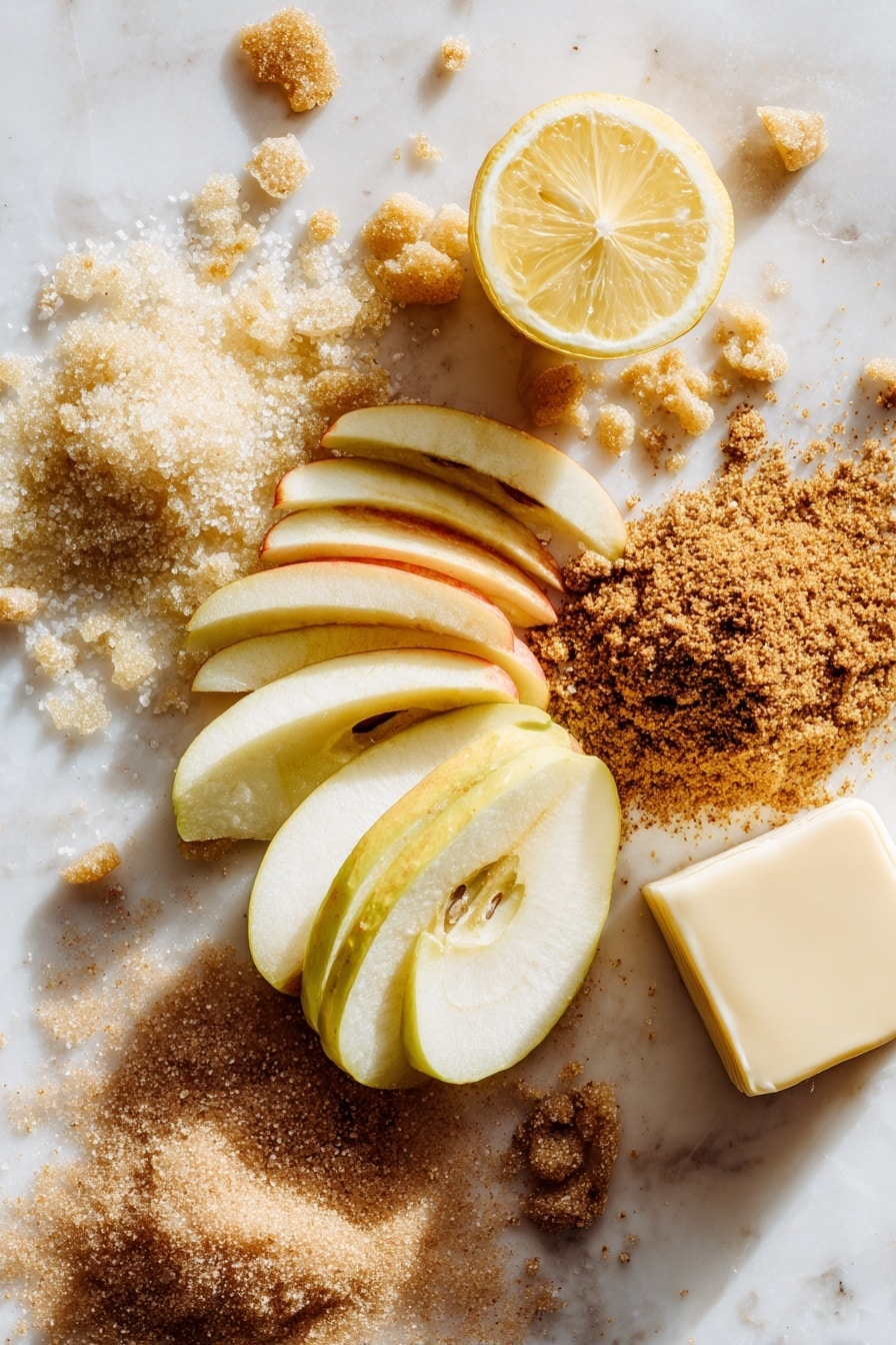 Flat lay of thinly sliced honeycrisp apples arranged in a delicate fan, a halved bright yellow lemon with visible juice droplets, a small heap of golden brown sugar crystals, a mound of light beige granulated sugar, a pile of soft brown sugar with rich texture, a scattering of warm-toned pumpkin pie spice powder, and a chilled cube of pale yellow cold butter with sharp edges, all placed on a white marble surface, photo taken with an iphone --ar 2:3 --v 7 - Apple Brown Betty, Apple Brown Betty dessert, fall dessert recipes, easy apple crumble, cozy apple dessert