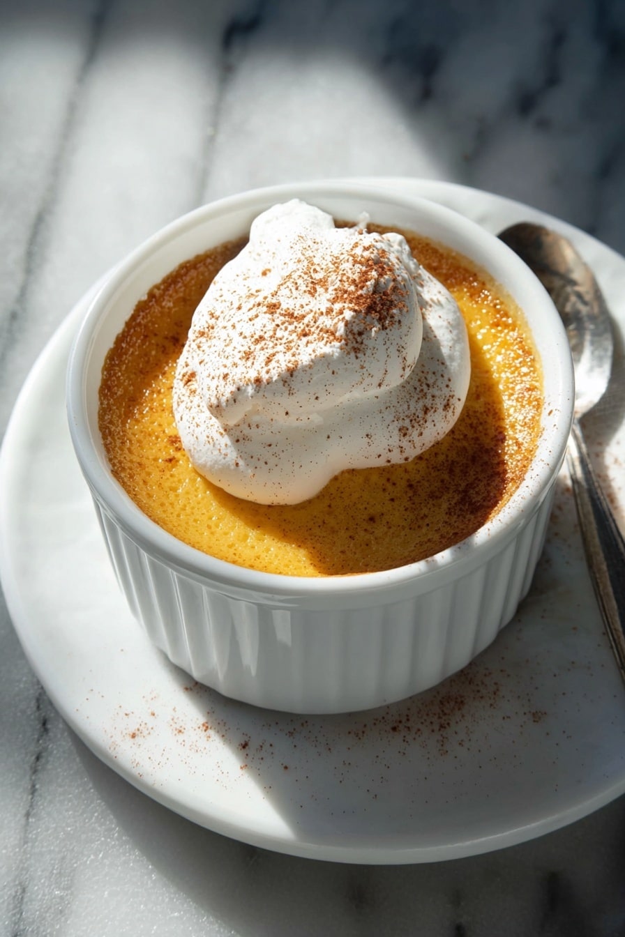 A white ramekin filled with a smooth and light orange custard with a slightly bubbly surface, topped with a large dollop of whipped cream sprinkled with a fine dusting of cinnamon. The ramekin sits on a white marbled surface with sunlight casting bright shadows, highlighting the creamy texture and warm color of the dessert. Photo taken with an iphone --ar 2:3 --v 7 - Creamy Pumpkin Egg Custard, pumpkin custard dessert, easy pumpkin custard, pumpkin spice custard, homemade pumpkin custard