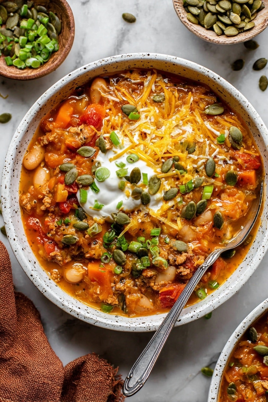 A bowl with thick soup full of soft carrot chunks, white beans, diced tomatoes, and meat in an orange sauce fills the frame. On top, there is a scoop of white sour cream in the center, surrounded by shredded yellow cheddar cheese and sprinkled with green chopped spring onions and dark green pumpkin seeds. A silver spoon rests inside the bowl on the right side. The bowl is white with subtle black specks and sits on a white marbled surface. Nearby, there is a brown cloth napkin and a small bowl with more green pumpkin seeds. Photo taken with an iphone --ar 2:3 --v 7 - Turkey Pumpkin Chili, turkey pumpkin chili recipe, healthy pumpkin chili, cozy fall chili, white beans pumpkin chili