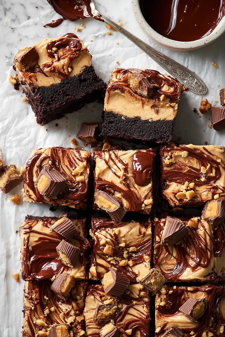 The image shows nine thick square pieces of chocolate cake arranged on white parchment paper over a white marbled surface. Each cake piece has two layers: a dark, moist chocolate base and a thick, creamy peanut butter-colored frosting on top. The frosting is rich and smooth with swirls of glossy dark chocolate sauce drizzled over it. Pieces of peanut butter cups and chopped peanuts are scattered generously on each slice, adding texture and contrast. A silver spoon rests in a small white bowl filled with dark chocolate sauce at the top, and a woman's hand reaches into one of the cake squares. The whole scene looks delicious and indulgent with a mix of smooth and chunky textures. photo taken with an iphone --ar 2:3 --v 7 - Chocolate Peanut Butter Cake for a Crowd, crowd-pleasing chocolate peanut butter cake, easy large party cake, moist chocolate peanut butter dessert, party-sized chocolate cake
