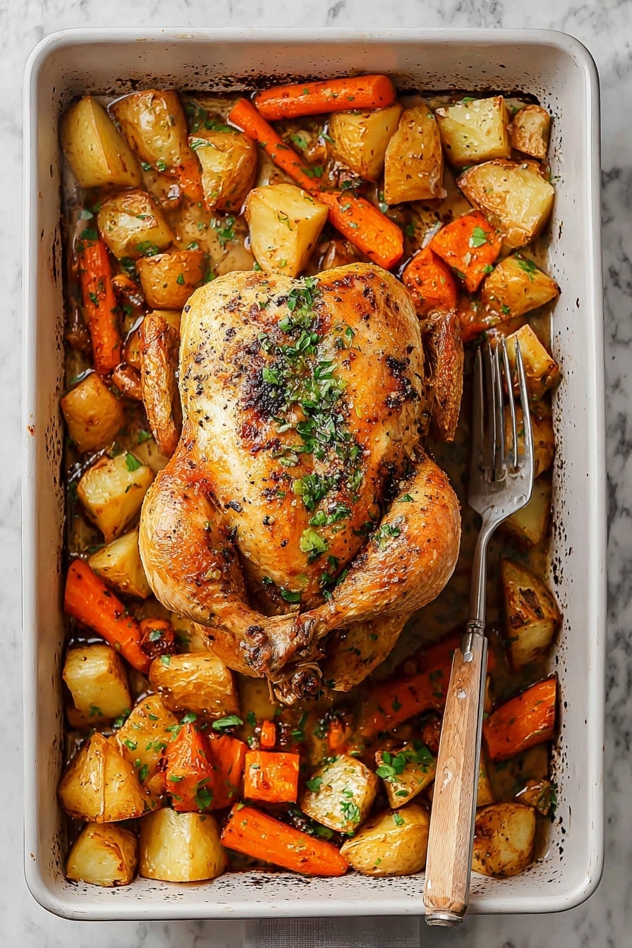 The image shows a whole roasted chicken with a golden brown crispy skin, placed in the center of a white rectangular baking pan. Surrounding the chicken are large chunks of light golden roast potatoes and bright orange roasted carrot pieces mixed with bits of green herbs. The chicken has a slightly glossy texture with some black pepper specks, and fresh chopped green herbs are sprinkled on top and over the vegetables. A silver fork with a wooden handle rests on the right side of the pan, and the whole scene sits on a white marbled textured surface. Photo taken with an iphone --ar 2:3 --v 7 - Slow Roasted Herb-Infused Whole Chicken, herb roasted chicken recipe, juicy roasted chicken, easy slow roast chicken, flavorful whole chicken