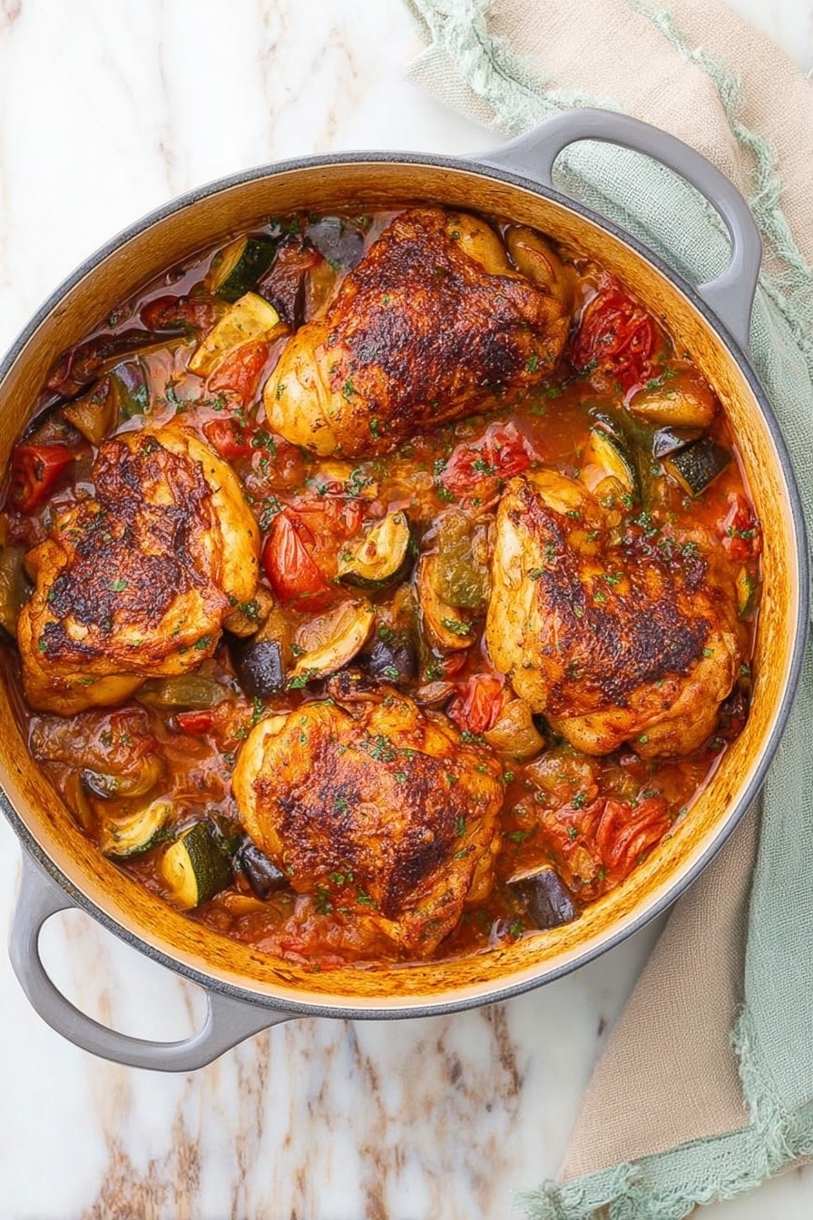 A round gray pot filled with four browned chicken leg pieces arranged evenly on top. The chicken pieces have a crispy, slightly charred skin and rest in a chunky vegetable sauce with visible pieces of red tomatoes, green zucchini, and dark purple eggplant. The sauce is thick and glossy, covering the veggies and chicken partially. The pot is placed on a white marbled surface with a folded beige and pale blue cloth nearby. Photo taken with an iphone --ar 2:3 --v 7 - Mediterranean Chicken Stew, chicken stew recipes, hearty Mediterranean dinner, easy chicken stew, flavorful chicken stew