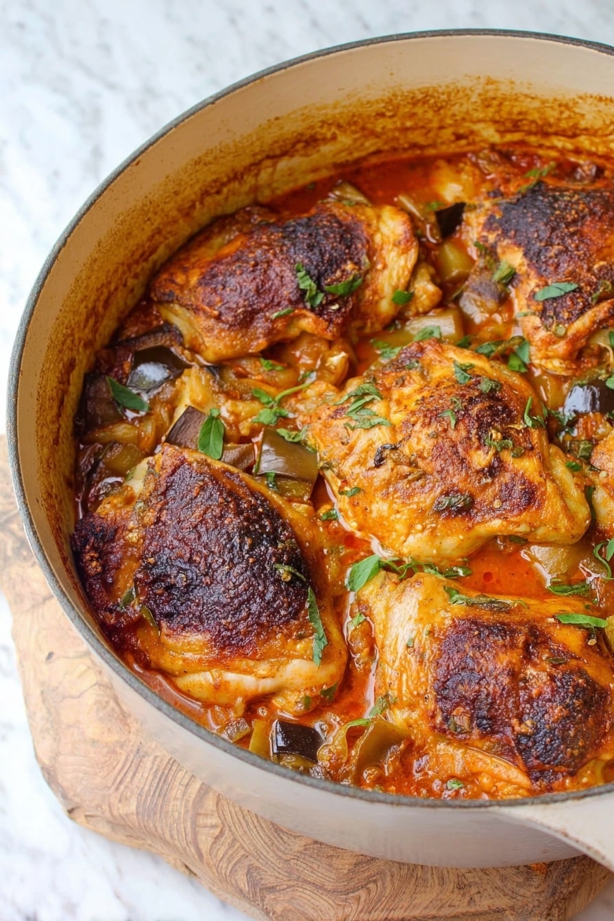 A round white pot holds four large pieces of cooked chicken with golden brown, slightly charred skin sitting on top of a stew with visible chunks of eggplant and tomato in a thick reddish-orange sauce, all layered evenly, filling the pot and creating a rustic and warm look. The pot rests on a wooden board placed over a white marbled surface. Photo taken with an iphone --ar 2:3 --v 7 - Mediterranean Chicken Stew, chicken stew recipes, hearty Mediterranean dinner, easy chicken stew, flavorful chicken stew