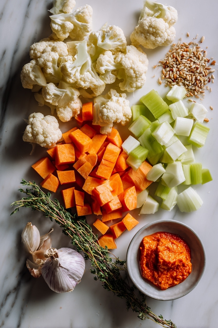 Flat lay of small cauliflower florets, peeled and chopped sweet potatoes, diced shallots, sliced celery sticks, peeled and sliced carrot, minced garlic cloves, dried thyme and dried tarragon sprigs, bright orange tomato paste dollop, and a small pile of grainy mustard seeds, all beautifully arranged with vibrant colors and natural textures, placed on a white marble surface, photo taken with an iphone --ar 2:3 --v 7 - Creamy Cauliflower & Sweet Potato Chowder, vegan cauliflower soup, dairy-free vegetable chowder, easy healthy vegan soup, hearty roasted vegetable soup