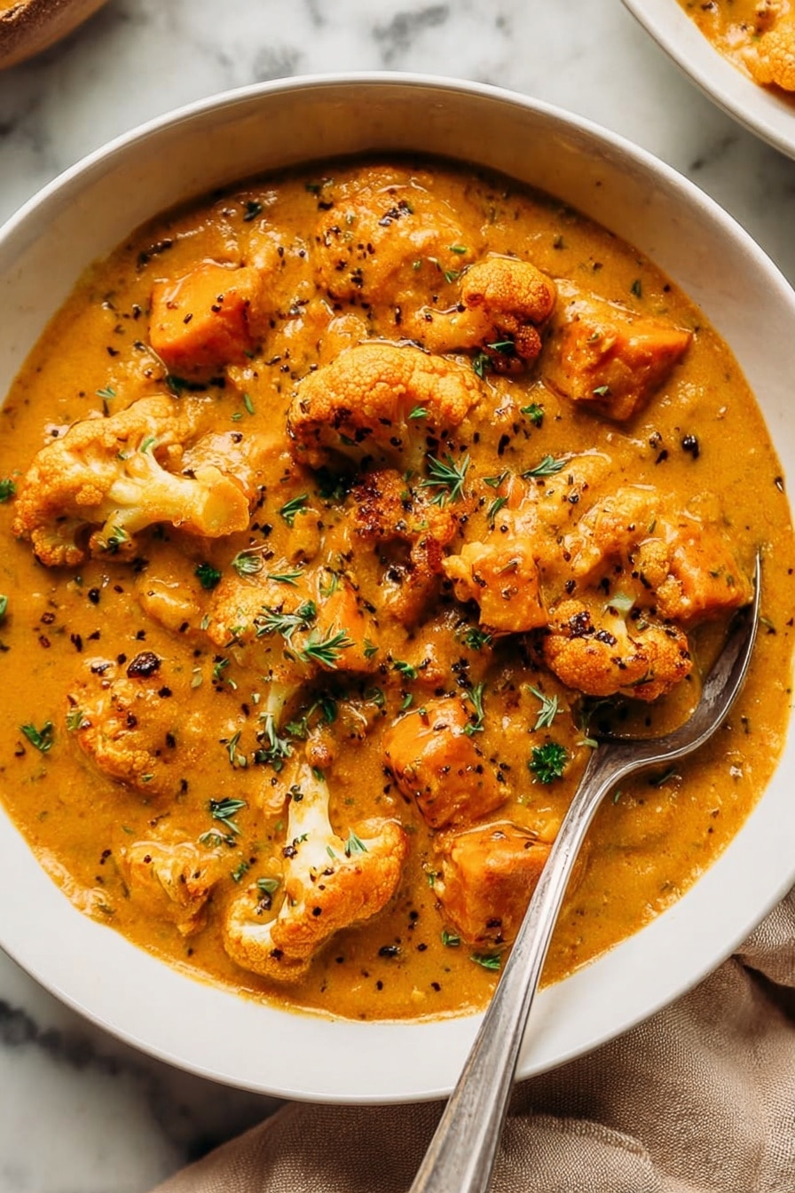 The image shows a bowl of thick orange curry filled with chunks of soft sweet potato and pieces of light brown roasted cauliflower scattered throughout the dish. The curry is creamy with visible small dark specks of black pepper and bits of green herbs sprinkled on top for color. A silver spoon rests inside the white bowl on the right side. The bowl is placed on a white marbled surface with a beige cloth nearby. The texture of the curry looks smooth and rich with some shine on the surface. Photo taken with an iphone --ar 2:3 --v 7 - Creamy Cauliflower & Sweet Potato Chowder, vegan cauliflower soup, dairy-free vegetable chowder, easy healthy vegan soup, hearty roasted vegetable soup