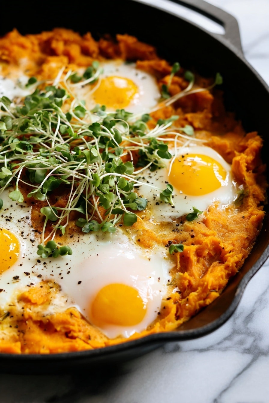 A black skillet holds a dish with one base layer of soft, mashed orange sweet potatoes that cover the bottom with a slightly chunky texture. Four cooked eggs are placed evenly over this base; each egg has a smooth, white cooked edge and bright, round yellow yolks in the center. Small green herbs and thin light green sprouts with long stems are sprinkled over the eggs and sweet potatoes, adding fresh, leafy textures. The skillet sits on a white marbled surface. photo taken with an iphone --ar 2:3 --v 7 - Orange Shakshuka with Butternut Squash and Spiced Vegetables, healthy shakshuka with roasted butternut squash, flavorful breakfast shakshuka, vegetarian brunch ideas, comforting vegetable shakshuka