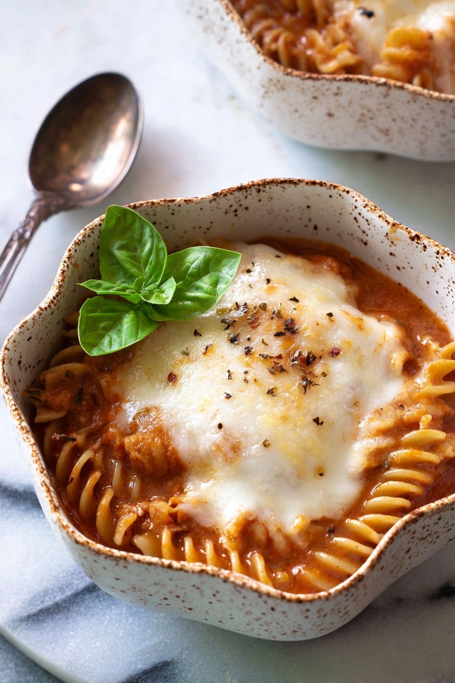 A bowl with a wavy edge filled with layers of food, starting with a reddish-orange thick sauce mixed with visible short spiral pasta pieces; on top, there is a smooth, melted white layer of cheese with golden brown spots from baking, creating a slightly uneven texture; a fresh green basil leaf sits on one side near the edge. The bowl is white with brown speckles, and the background shows a white marbled surface with a vintage spoon nearby. Photo taken with an iphone --ar 2:3 --v 7 - Slow Cooker Chicken Parmesan Soup, Chicken Parmesan Soup, Slow Cooker Soup, Easy Chicken Soup, Italian Comfort Food