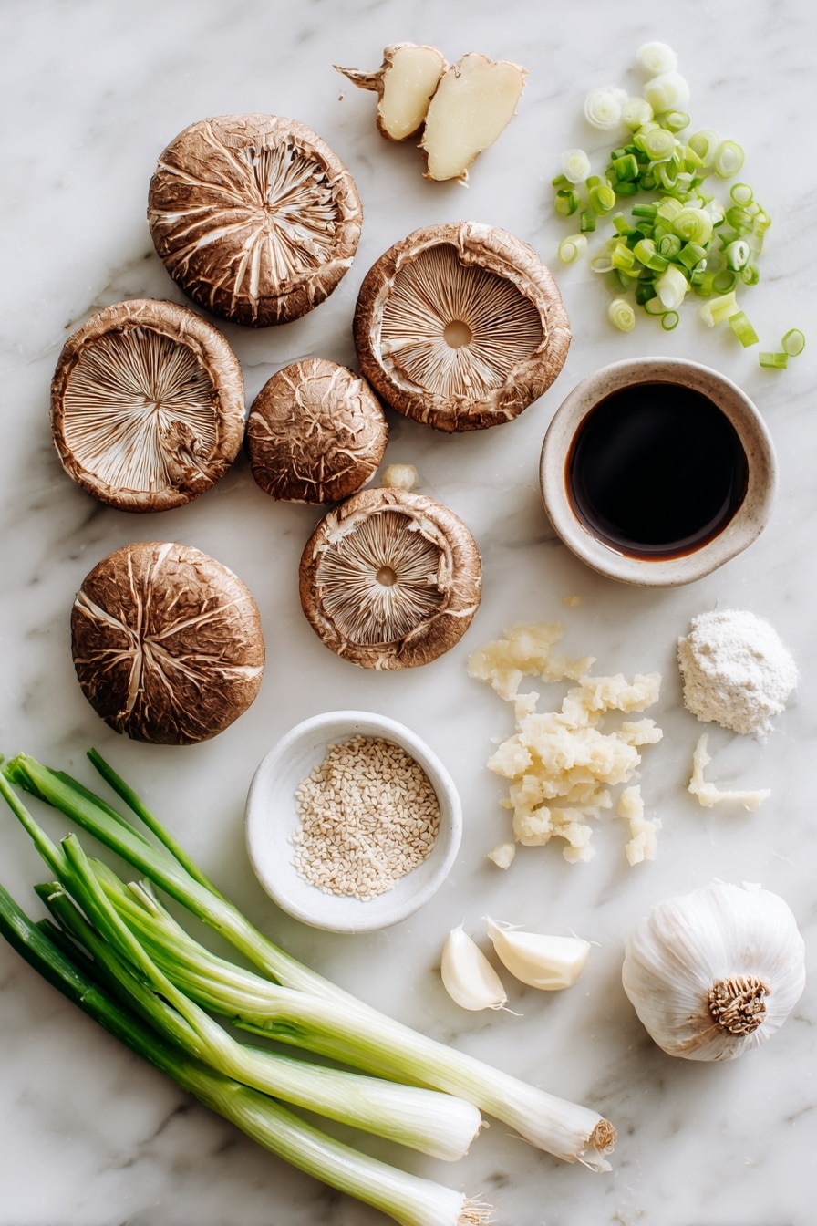Flat lay of thick king oyster mushroom rounds with a criss-cross pattern, fresh minced ginger pieces, peeled garlic cloves and minced garlic scattered elegantly, a small dollop of white miso paste, a drizzle of deep soy sauce, bright green chopped scallions, and a sprinkle of white sesame seeds, all arranged beautifully on a white marble surface, photo taken with an iphone --ar 2:3 --v 7 - Miso Soy King Oyster Mushroom, Vegan Scallops, Vegan Mushroom Recipes, Easy Vegan Seafood, Plant-Based Ocean Flavors