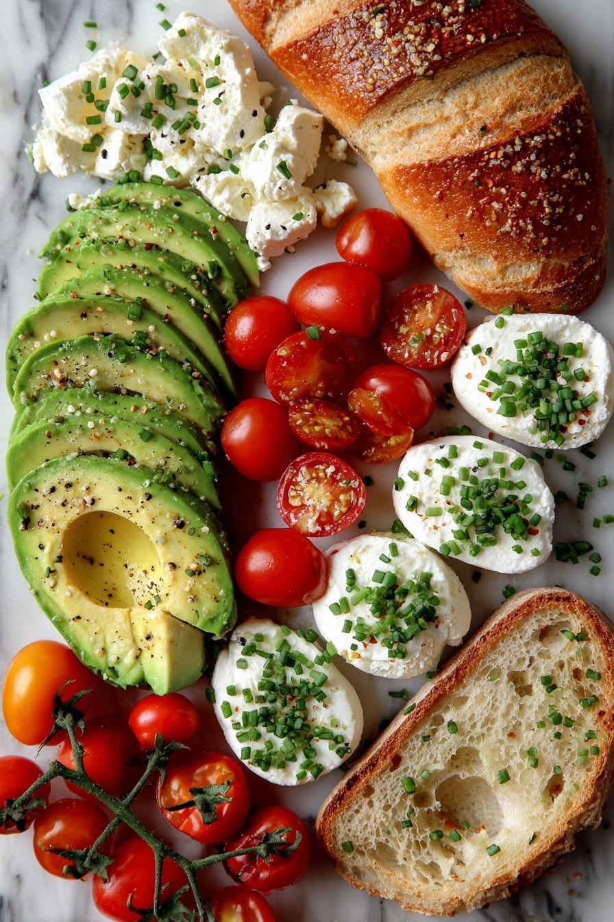 Flat lay of ripe avocado slices, creamy white cottage cheese dollops, halved vibrant red cherry tomatoes, fresh chopped green chives, crisp sourdough bread slices with a golden buttery sheen, and a small pile of Everything But The Bagel seasoning sprinkled artfully, all placed on a white marble surface, photo taken with an iphone --ar 2:3 --v 7 - Avocado Cottage Cheese Toast with Everything But The Bagel Seasoning, healthy avocado toast, protein-packed breakfast, quick healthy snacks, savory cottage cheese toast