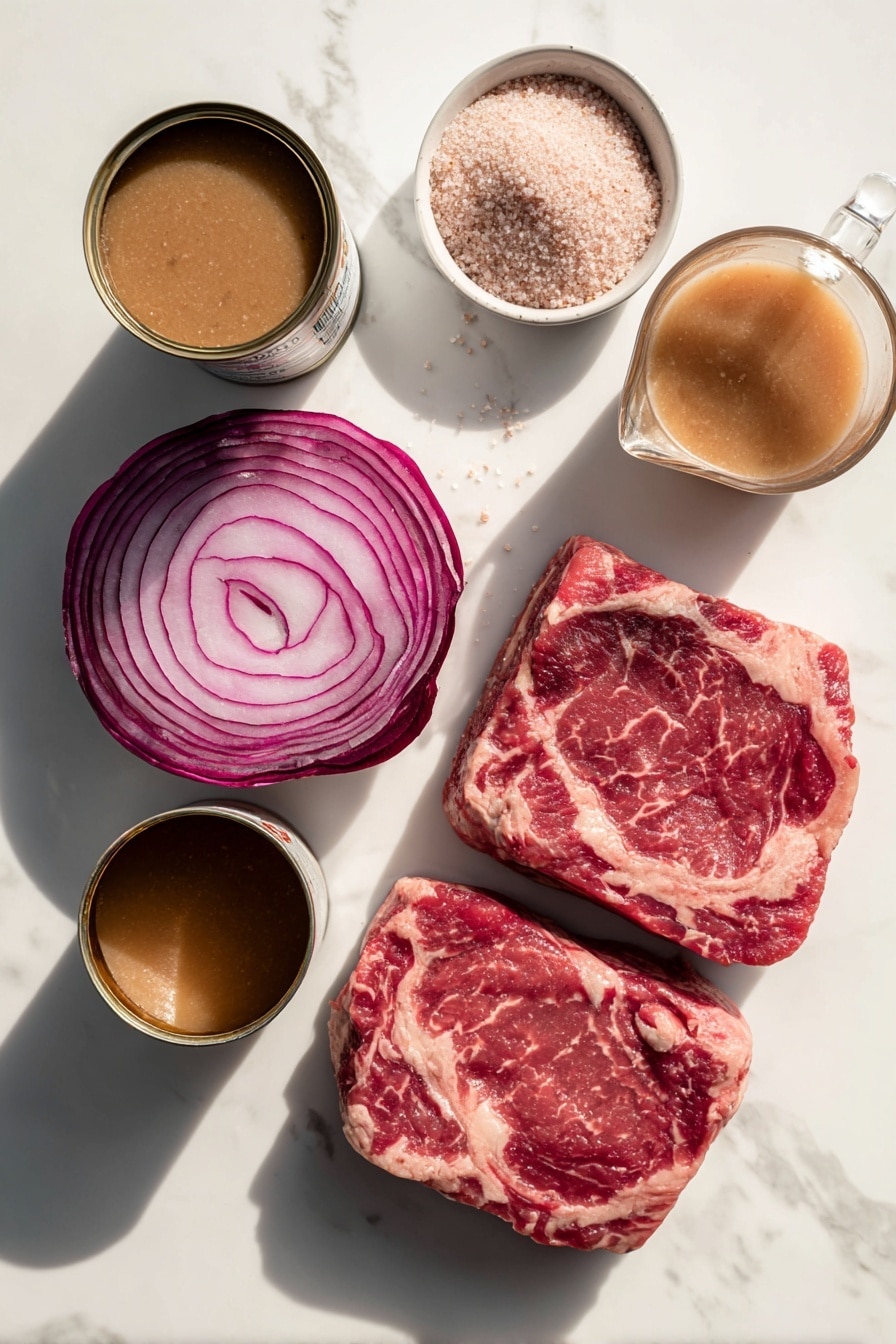 Flat lay of thick raw cube steaks with visible marbling, two cans of cream of mushroom soup with their labels partly visible, a large minced red onion showing vibrant purple and white layers, a small heap of homemade beef bouillon powder crystals, and a clear measuring cup filled with rich beef broth, all beautifully arranged with natural lighting, fresh and inviting, placed on a white marble surface, photo taken with an iphone --ar 2:3 --v 7 - Crock Pot Cube Steak with Mushroom Gravy, slow cooker cube steak, easy mushroom gravy recipe, tender cube steak slow cooker, comfort food recipes