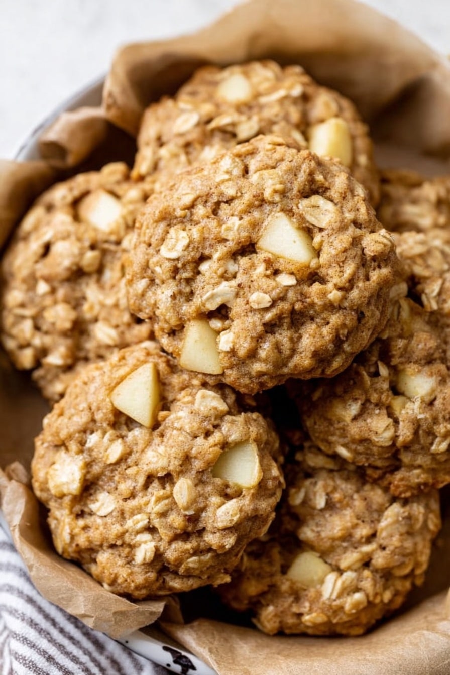 The image shows a close-up of a group of oatmeal cookies with small pieces of apple mixed in. Each cookie is round and thick, with a rough texture from the oats and visible chunks of pale yellow apple spread throughout. The cookies are piled together in a round baking dish lined with brown parchment paper. The background is a white marbled texture with a striped cloth lightly showing. Photo taken with an iphone --ar 2:3 --v 7 - Apple Oatmeal Cookies, easy apple oatmeal cookies, fall cookies with apples, homemade apple oatmeal treats, soft chewy apple cookies
