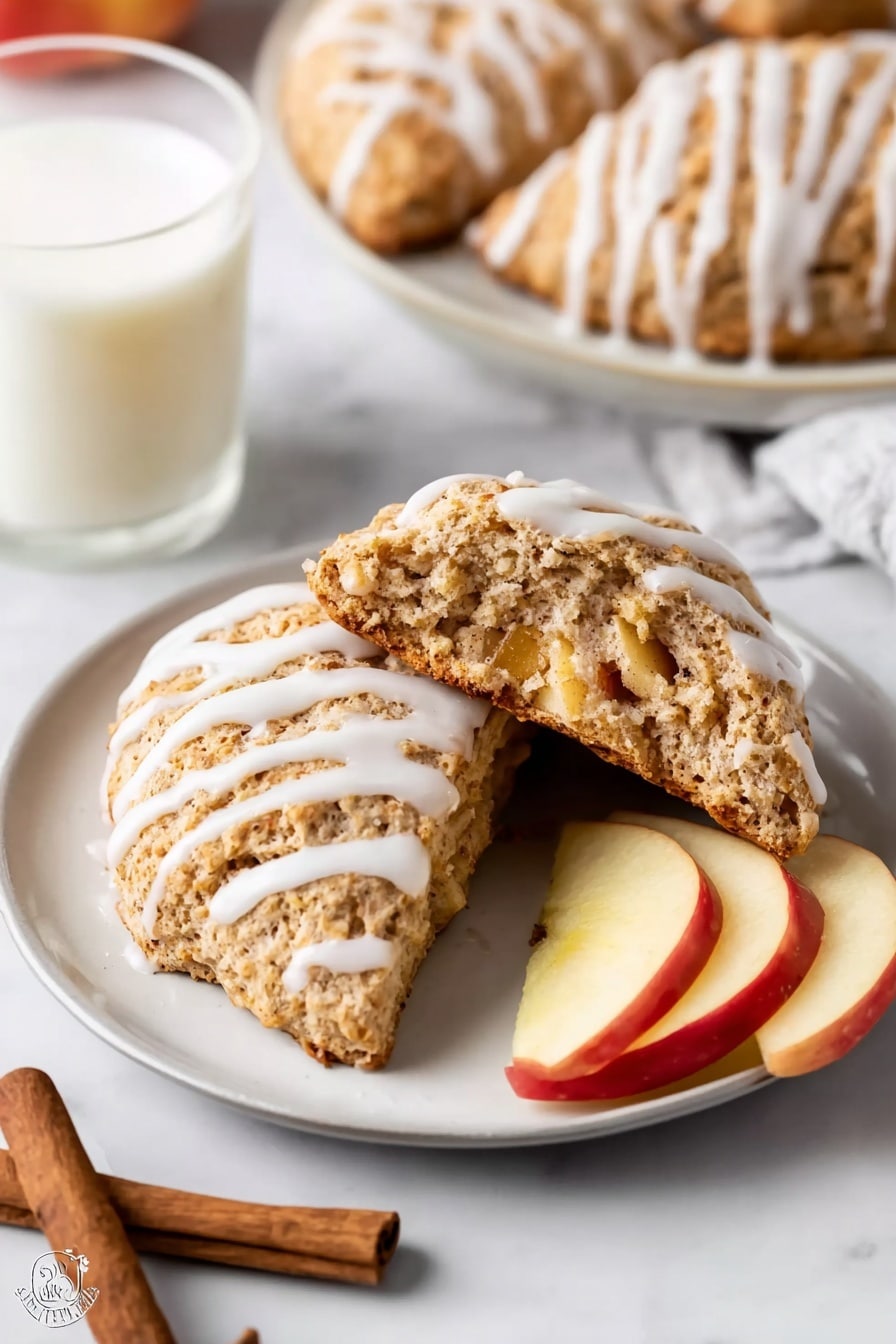 Two light brown scones with a rough, crumbly texture sit on a white plate. One scone is whole and covered with thin white icing stripes evenly spaced across the top, while the other is broken in half, showing a soft, moist inside with small bits of apple visible. Next to the scones, there are two slices of red and yellow apple placed on the plate. In the background, more scones with similar white icing stripes and a glass of milk can be seen, all placed on a white marbled surface. Two cinnamon sticks lie near the glass, adding a warm brown color contrast to the scene. Photo taken with an iphone --ar 2:3 --v 7 - Apple Scones, easy apple scones, fall breakfast recipes, cinnamon apple baked goods, quick morning scones