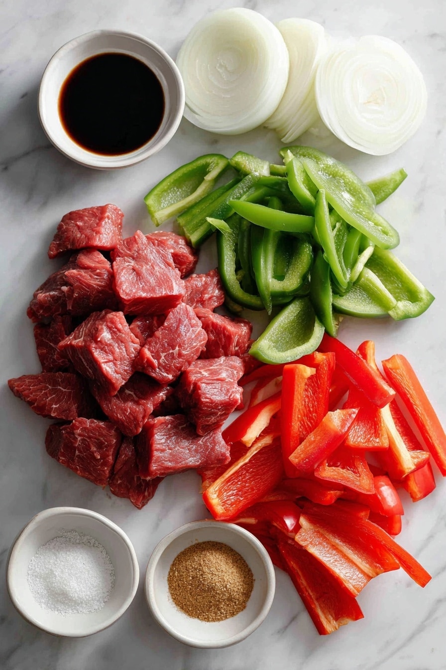 Flat lay of thin strips of raw round steak, thick sliced green bell pepper, thick sliced red bell pepper, thick sliced white onion, a small pile of brown sugar, a small bowl of soy sauce, a mound of ground ginger powder, and a mound of garlic powder, all beautifully arranged with natural light highlighting their colors and textures, placed on a white marble surface, photo taken with an iphone --ar 2:3 --v 7 - Crockpot Pepper Steak, easy slow cooker beef dinner, tender beef and peppers recipe, savory crockpot beef, quick comfort food dinner