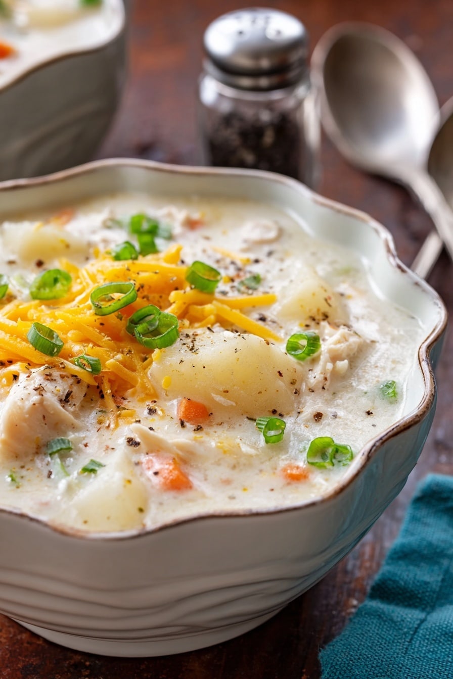 Two white bowls with scalloped edges are filled with creamy soup that has visible chunks of white potatoes, orange carrots, and slices of white chicken. The soup is topped with bright yellow shredded cheddar cheese and sprinkled with small green chopped herbs and black pepper. The bowls sit on a white marbled surface with a pile of shredded cheddar cheese and green onions in the background. A silver spoon rests near the front bowl. photo taken with an iphone --ar 2:3 --v 7 - Creamy Slow Cooker Chicken and Potato Soup, Chicken and Potato Soup, Slow Cooker Soup Recipes, Hearty Chicken and Potato Soup, Easy Comfort Food Soup