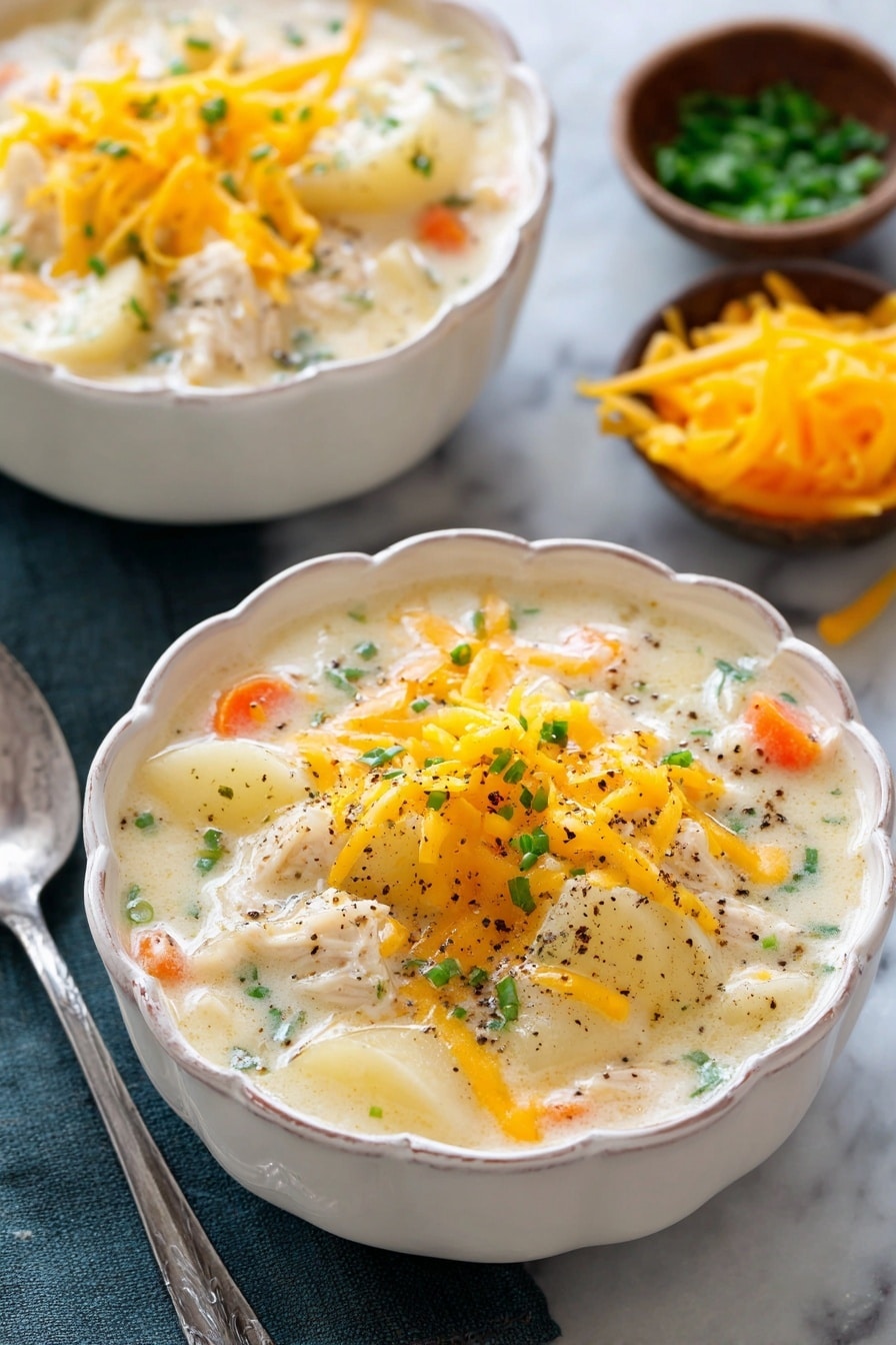 Two bowls of creamy white soup sit on a white marbled background. Each bowl has a scalloped edge and contains a thick soup with chunks of light orange carrot, white potato pieces, and light beige shredded chicken. On top, there is a layer of shredded yellow cheese and small green chive pieces sprinkled with black pepper. Next to the bowls are two old silver spoons and some green chives with a pile of yellow shredded cheese nearby. Photo taken with an iphone --ar 2:3 --v 7 - Creamy Slow Cooker Chicken and Potato Soup, Chicken and Potato Soup, Slow Cooker Soup Recipes, Hearty Chicken and Potato Soup, Easy Comfort Food Soup