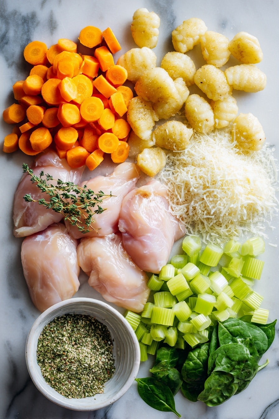 Flat lay of tender boneless skinless chicken breasts, bright orange peeled and chopped carrots, crisp chopped celery ribs, finely chopped medium onion, small soft gnocchi pieces, fresh roughly chopped green spinach leaves, a small pile of grated Parmesan cheese, and a sprinkle of dried parsley and thyme herbs, all beautifully arranged with vibrant colors and textures, placed on a white marble surface, photo taken with an iphone --ar 2:3 --v 7 - Slow Cooker Chicken Gnocchi Soup, chicken gnocchi soup, creamy chicken gnocchi stew, easy slow cooker soup, hearty chicken and gnocchi soup