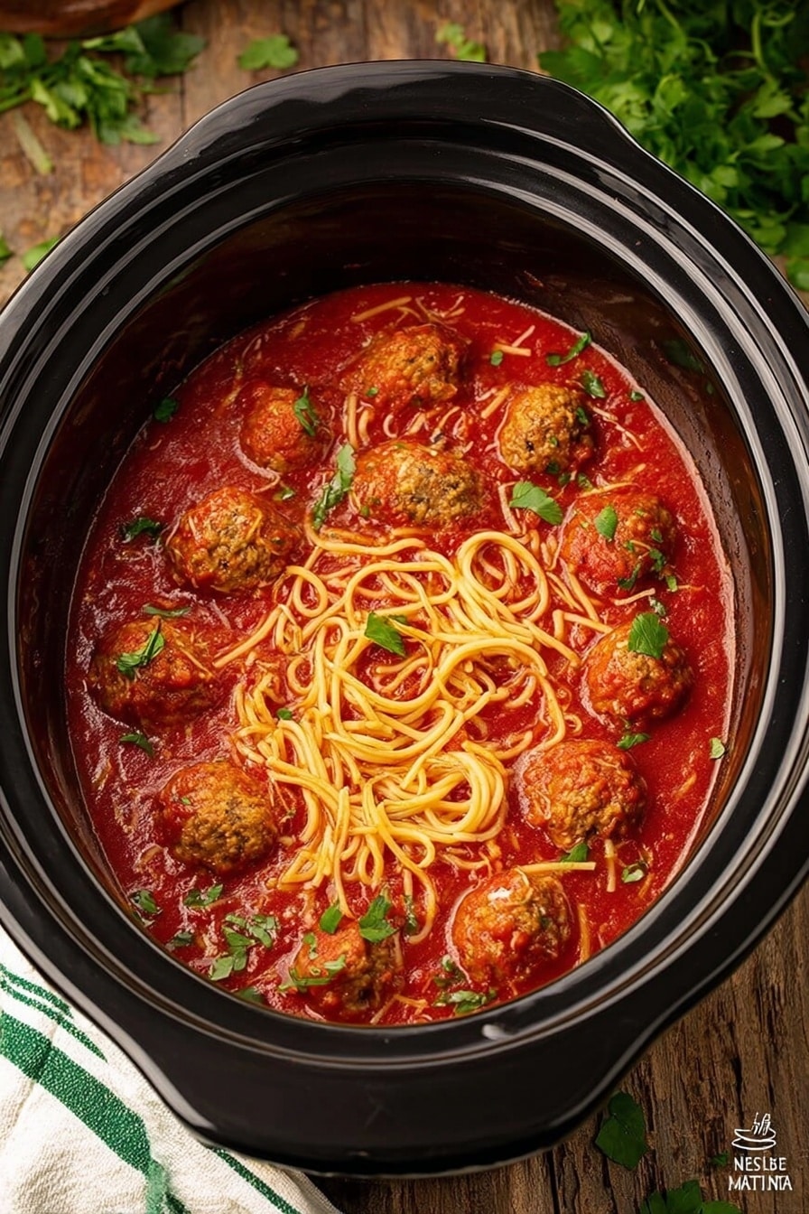 In a large black slow cooker, there is a dish with two main layers: the bottom layer is rich red tomato sauce that fills the cooker, and the top layer consists of round, cooked meatballs that are lightly browned with a slightly rough texture, nestled in the sauce. Mixed among the meatballs are light yellow strands of spaghetti, some forming small loops and some slightly tangled, sitting on the surface of the sauce. Small green herb leaves are sprinkled on top, adding a fresh touch of color. The slow cooker is on a wooden surface, with some green herbs and a white cloth with green stripes nearby. photo taken with an iphone --ar 2:3 --v 7 - Easy Crock Pot Spaghetti with Meatballs, slow cooker Italian dinner, effortless meatball pasta, simple crockpot spaghetti recipe, hearty comfort food