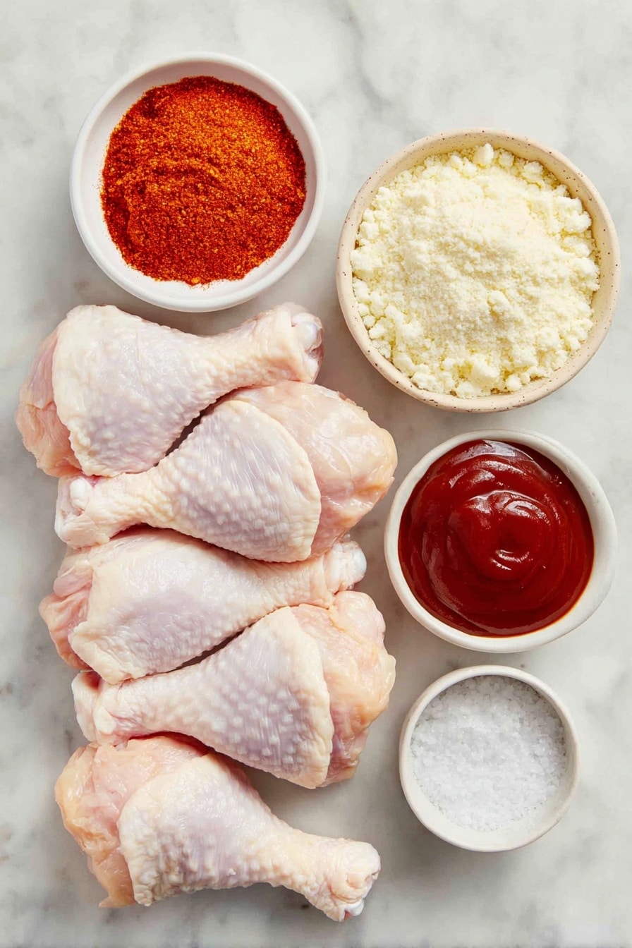 Flat lay of fresh, raw chicken drumsticks arranged neatly, a small white bowl filled with vibrant red smoked paprika powder, another small white bowl containing fine granulated garlic powder, a small white bowl with coarse kosher salt crystals, and a small white bowl holding glossy, deep reddish-brown BBQ sauce, all ingredients placed with perfect symmetry on a clean white marble surface, soft natural light, photo taken with an iPhone, professional food photography style, fresh ingredients, white ceramic bowls, no bottles, no duplicates, no utensils, no packaging --ar 2:3 --v 7 --p awthu7i m7354615311229779997 - Incredible Slow Cooker Drumsticks, easy chicken drumsticks recipe, 4-ingredient slow cooker chicken, juicy slow cooker chicken thighs, simple BBQ drumsticks