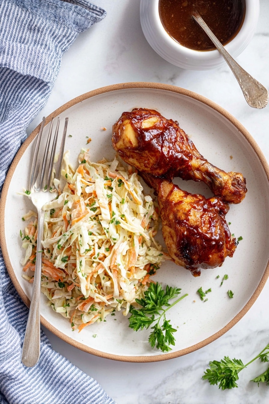 The image shows a white plate with two dark brown glazed chicken drumsticks placed on the right side. On the left side of the plate, there is a serving of creamy coleslaw made of shredded cabbage and carrots mixed with green herbs, creating a mix of white, orange, and green colors with a soft texture. A silver fork rests on the left edge of the plate, partly touching the coleslaw. A small sprig of fresh green parsley lies near the bottom right of the coleslaw. The plate is on a white marbled surface with a blue-striped cloth partially visible at the bottom left. To the top right, there is a white bowl filled with dark brown sauce with a spoon inside it. photo taken with an iphone --ar 2:3 --v 7 - Incredible Slow Cooker Drumsticks, easy chicken drumsticks recipe, 4-ingredient slow cooker chicken, juicy slow cooker chicken thighs, simple BBQ drumsticks