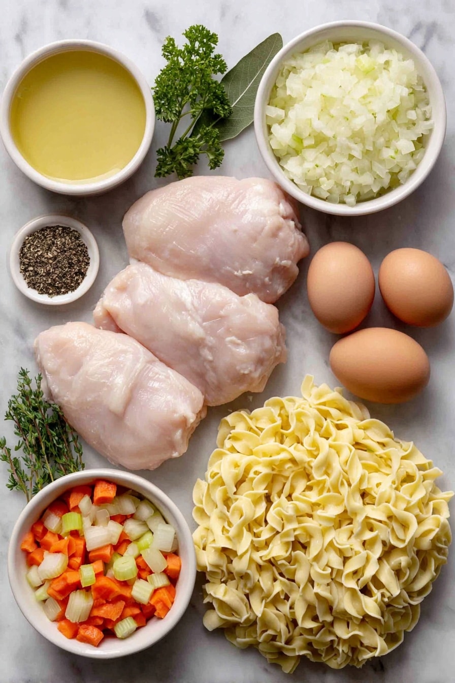 Flat lay of boneless skinless chicken breasts, a small white ceramic bowl of chopped onion, peeled and chopped large carrots, chopped celery ribs, minced garlic cloves, fresh thyme sprigs, a single bay leaf, whole uncracked brown eggs, small white ceramic bowls containing salt and black pepper, small white ceramic bowl of chicken stock, a pile of fresh egg noodles, fresh parsley leaves, all arranged in perfect symmetry on a clean white marble surface, soft natural light, photo taken with an iPhone, professional food photography style, fresh ingredients, white ceramic bowls, no bottles, no duplicates, no utensils, no packaging --ar 2:3 --v 7 --p awthu7i m7354615311229779997 - Crockpot Chicken Noodle Soup, slow cooker chicken noodle soup recipe, easy chicken noodle soup, comforting homemade chicken soup, hearty slow cooker soup
