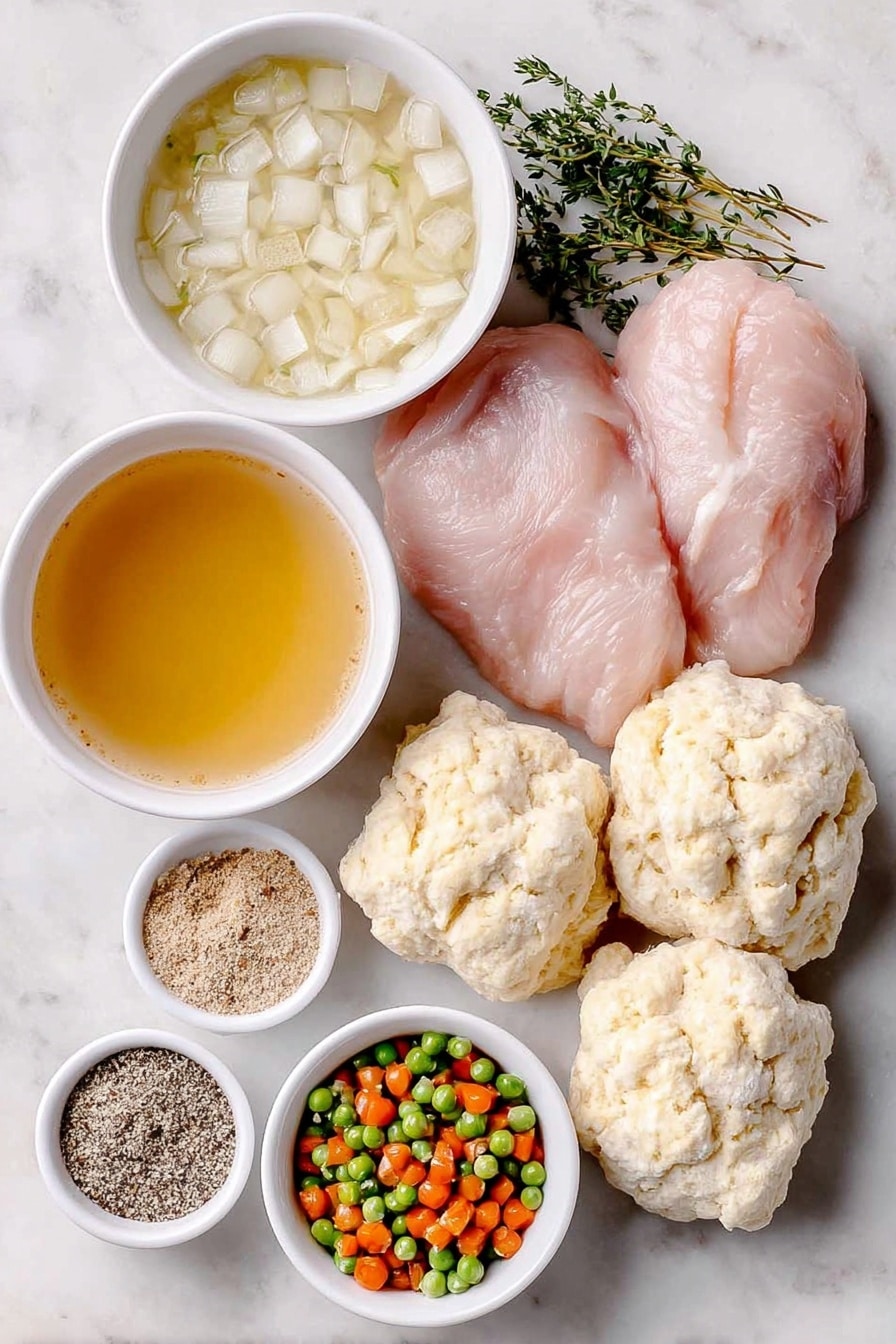 Flat lay of a large diced white onion, four raw boneless skinless chicken breasts, a few sprigs of fresh chopped parsley, a small white ceramic bowl with pale creamy celery soup, a small white ceramic bowl with pale creamy chicken soup, a small white ceramic bowl with light brown poultry seasoning powder, a small white ceramic bowl with coarse black pepper, a small white ceramic bowl of clear golden chicken broth, a small white ceramic bowl of thawed bright orange and green peas and carrots, and four raw buttermilk biscuit dough pieces unrolled and flattened, all arranged symmetrically on a clean white marble surface, soft natural light, photo taken with an iPhone, professional food photography style, fresh ingredients, white ceramic bowls, no bottles, no duplicates, no utensils, no packaging --ar 2:3 --v 7 --p awthu7i m7354615311229779997 - Crock Pot Chicken and Dumplings, slow cooker chicken and dumplings, easy chicken and dumplings recipe, comforting crockpot dinner, hearty chicken stew