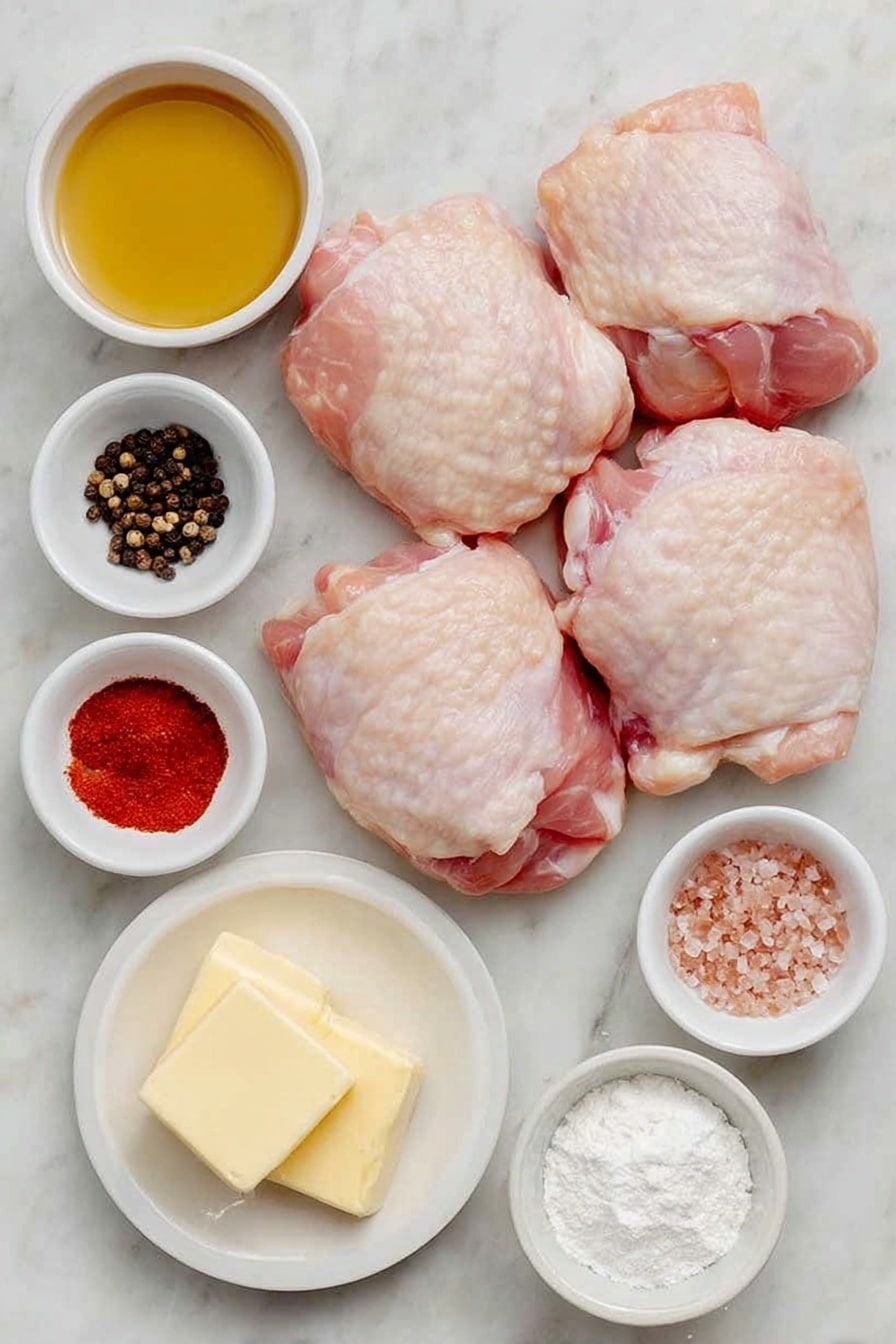 Flat lay of fresh raw boneless skinless chicken thighs neatly arranged, a small white ceramic bowl of smooth dijon mustard, a small white bowl of golden apple cider vinegar, coarse pink Himalayan salt crystals in a white dish, whole black peppercorns scattered in a white bowl, bright red paprika powder in a white bowl, a few pats of salted butter on a white plate, fine white cornstarch in a small white bowl, a white ceramic bowl filled with amber apple cider, light brown soft packed brown sugar in a small white bowl, all ingredients naturally fresh and unprocessed, placed on a clean white marble surface, soft natural light, photo taken with an iPhone, professional food photography style, fresh ingredients, white ceramic bowls, no bottles, no duplicates, no utensils, no packaging --ar 2:3 --v 7 --p awthu7i m7354615311229779997 - Apple Cider Glazed Chicken Thighs, flavorful chicken thigh recipes, easy fall dinner ideas, sticky apple cider glaze chicken, comforting chicken thigh dishes