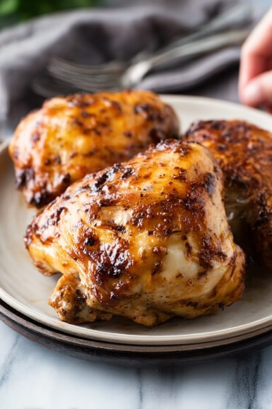 The image shows two large cooked chicken parts on a round white plate. The chicken skin is golden brown with darker roasted spots and a shiny, slightly oily texture. The plate is on a white marbled surface, and in the background, part of a grey cloth and some silver forks are slightly out of focus. A woman's hand is reaching towards the food from the right side. Photo taken with an iphone --ar 2:3 --v 7 - Apple Cider Glazed Chicken Thighs, flavorful chicken thigh recipes, easy fall dinner ideas, sticky apple cider glaze chicken, comforting chicken thigh dishes